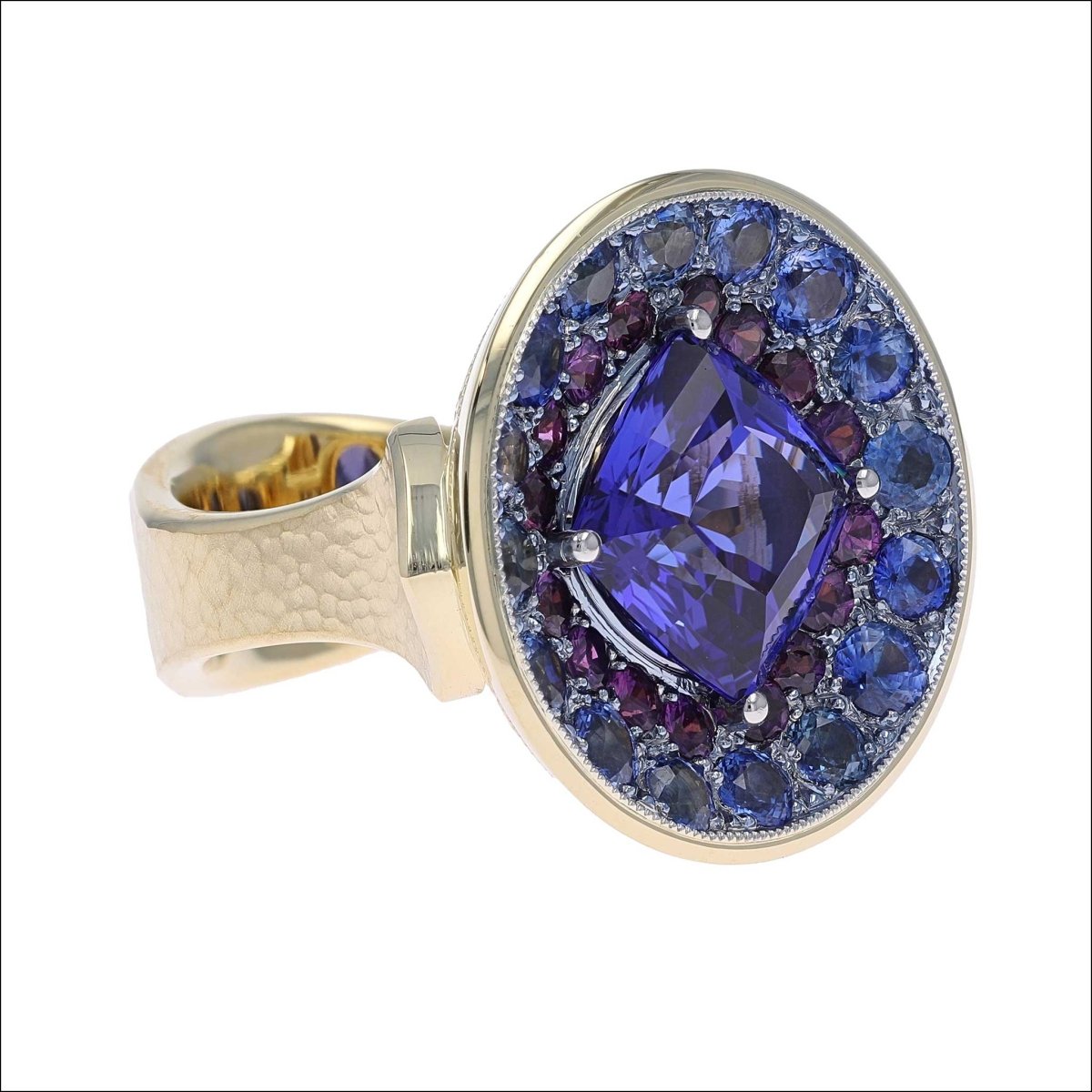 Hand Engraved Tanzanite and Sapphire Ring 18KY Platinum - JewelsmithRings