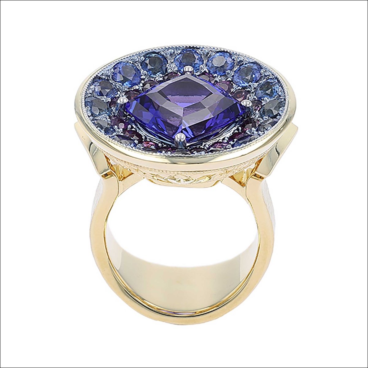 Hand Engraved Tanzanite and Sapphire Ring 18KY Platinum - JewelsmithRings