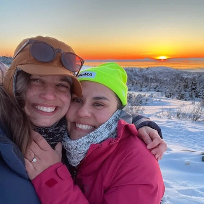 Allison and Fernanda Happy engagement ring clients during their magical proposal in Alaska