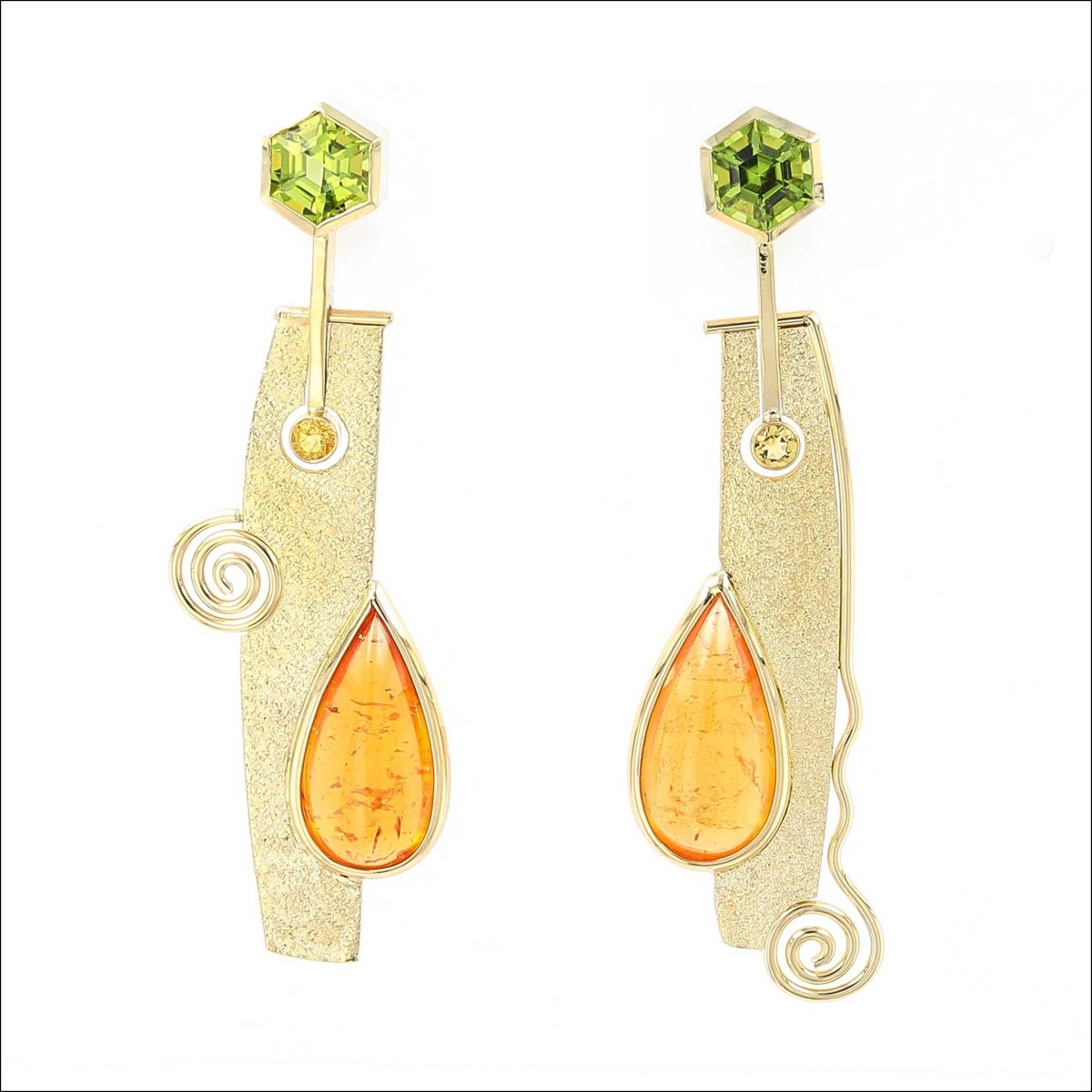 Hexagon Peridot Pear Shaped Spessartine Garnet Yellow Beryl Earrings 18KY - JewelsmithEarrings