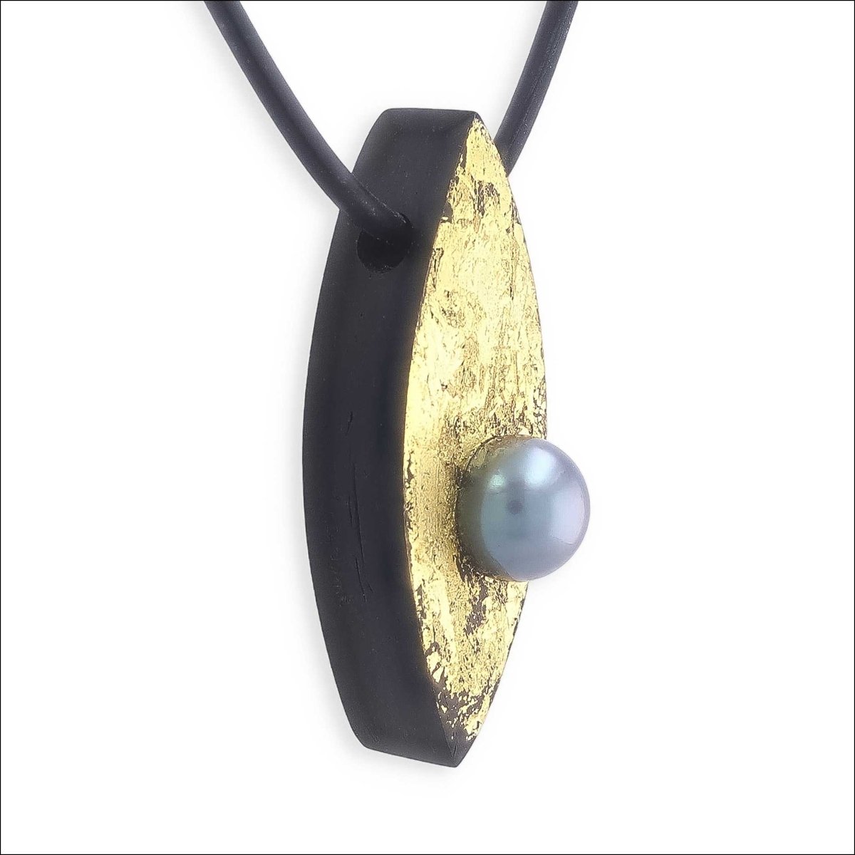 Marquise Shaped Ebony Tahitian Pearl Pendant 24KY Leaf - Jewelsmith - Durham NC - Handcrafted - Pendants