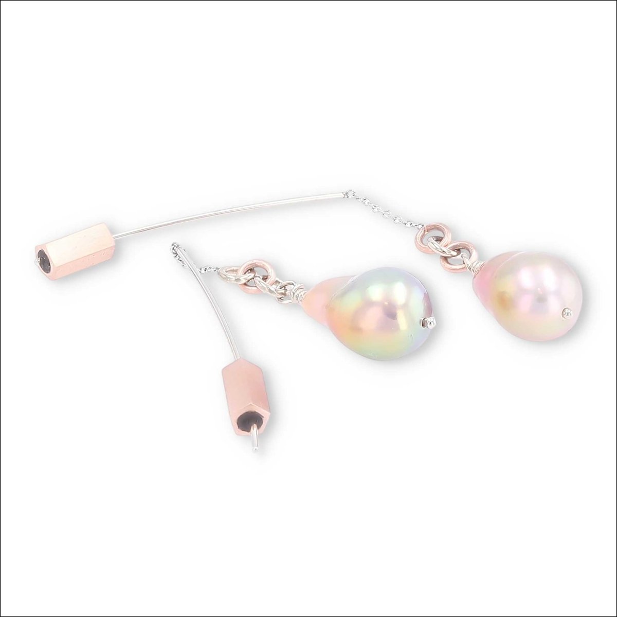 Metallic Pink and Green Freshwater Pearl Threader Earrings with Stoppers 14KW 14K Rose - JewelsmithEarrings