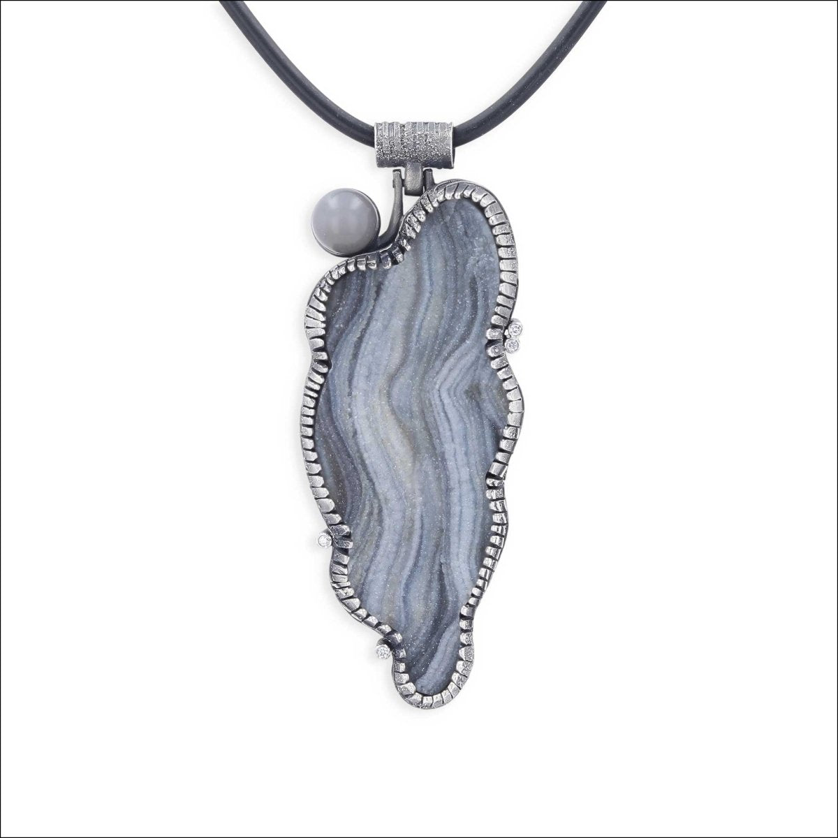 "Moonlit Strata" Conchina Druzy and Moonstone Sphere and DIamond Pendant Sterling Silver - Jewelsmith - Durham NC - Handcrafted - Pendants
