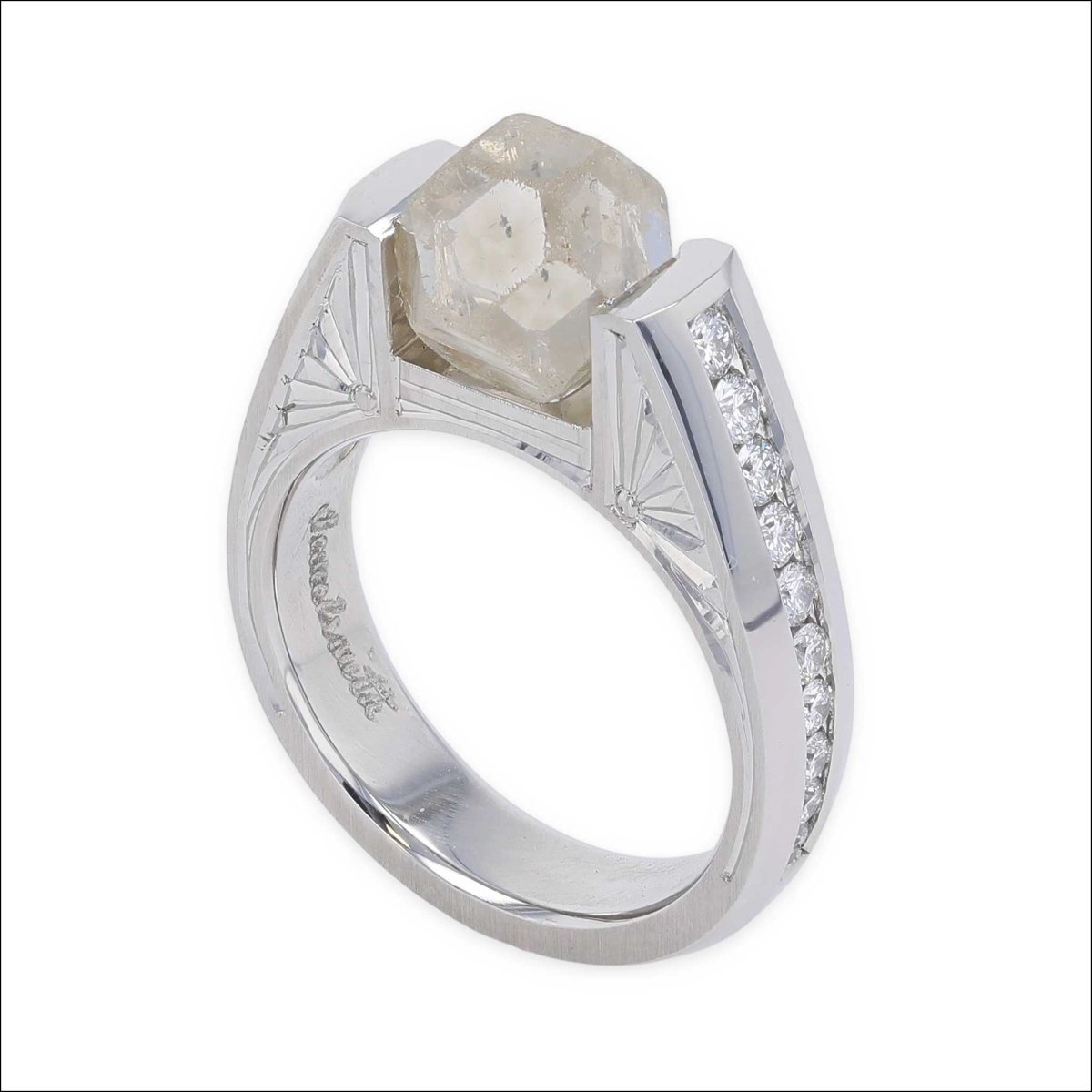Octahedron Diamond Hand Engraved Ring Platinum - Jewelsmith - Durham NC - Handcrafted - Rings