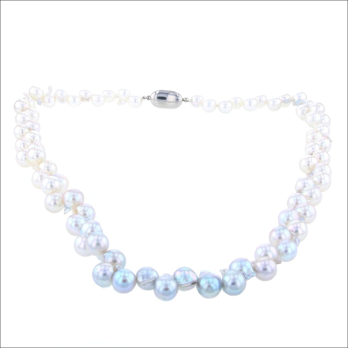 Ombre White to Blue Akoya Baroque Drop Pearl Strand Necklace Sterling Silver 18" - JewelsmithNecklaces