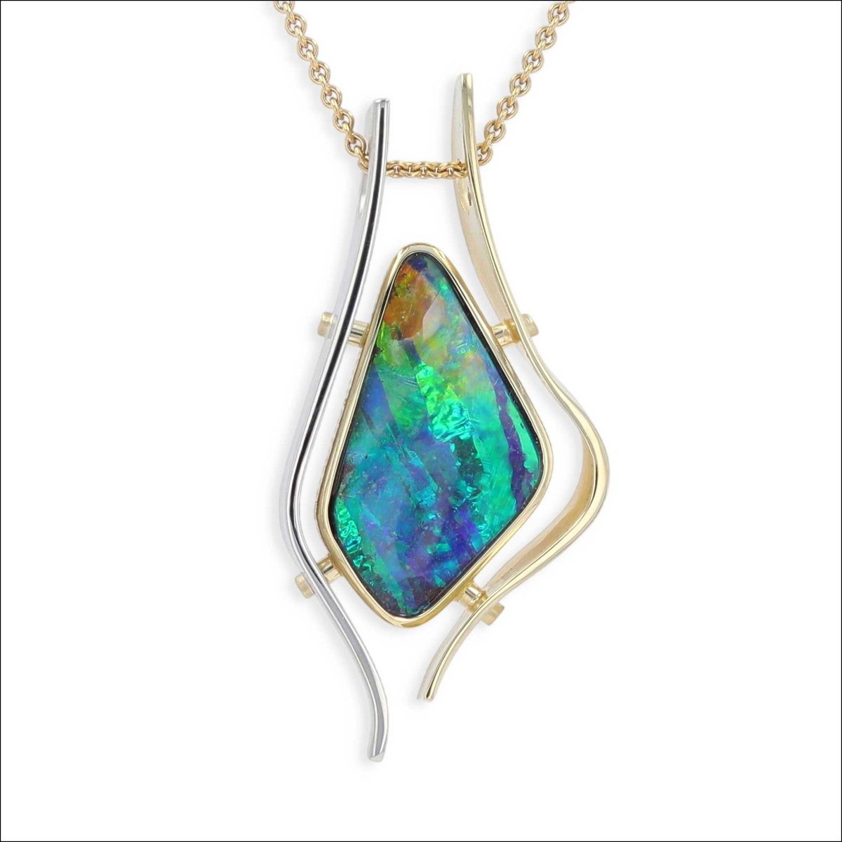Open Frame Boulder Opal Pendant 18KY 18KW - Jewelsmith - Durham NC - Handcrafted - Pendants