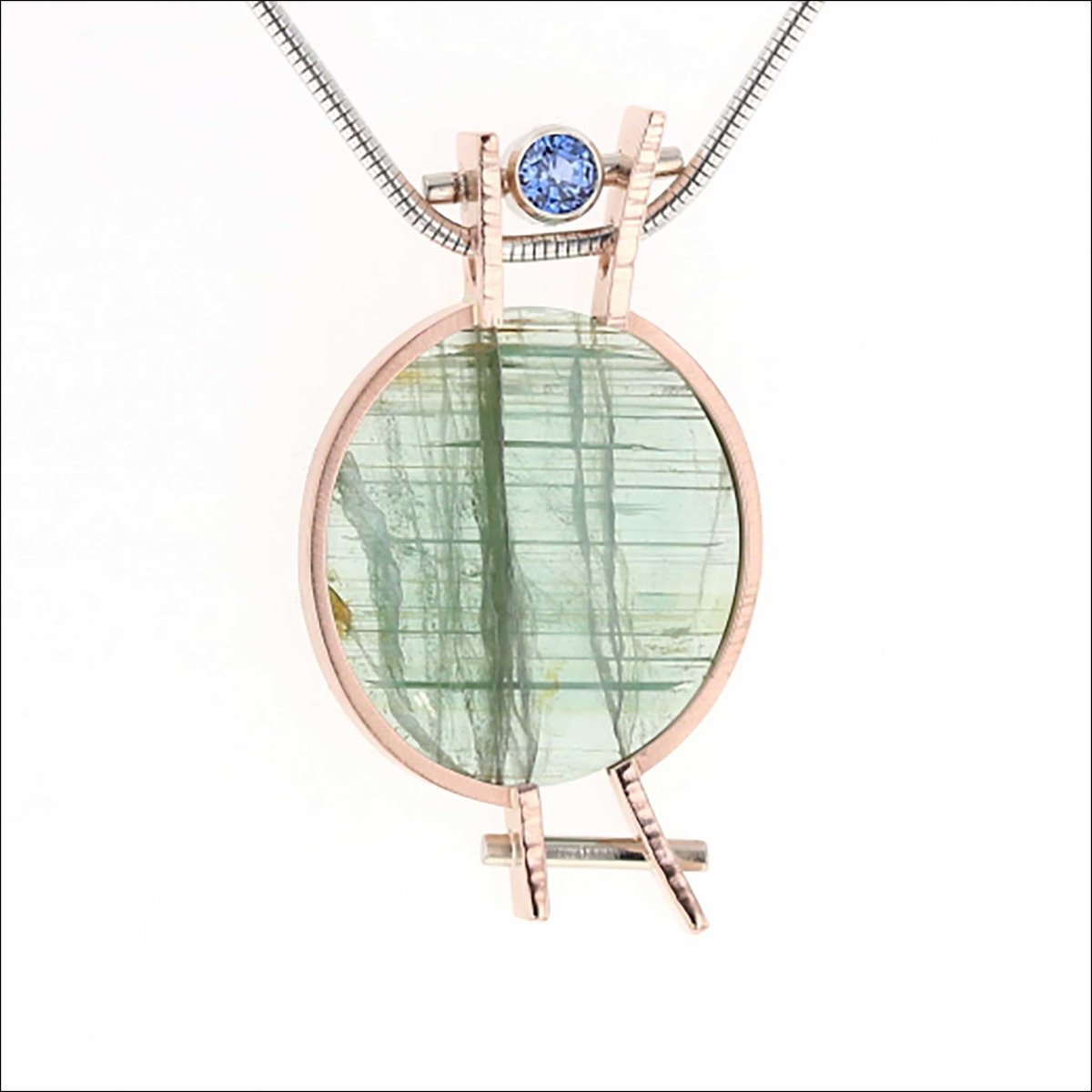 Oval Green Tourmaline and Sapphire Pendant 14KW 14K Rose (Consignment) - Jewelsmith - Durham NC - Handcrafted - Pendants