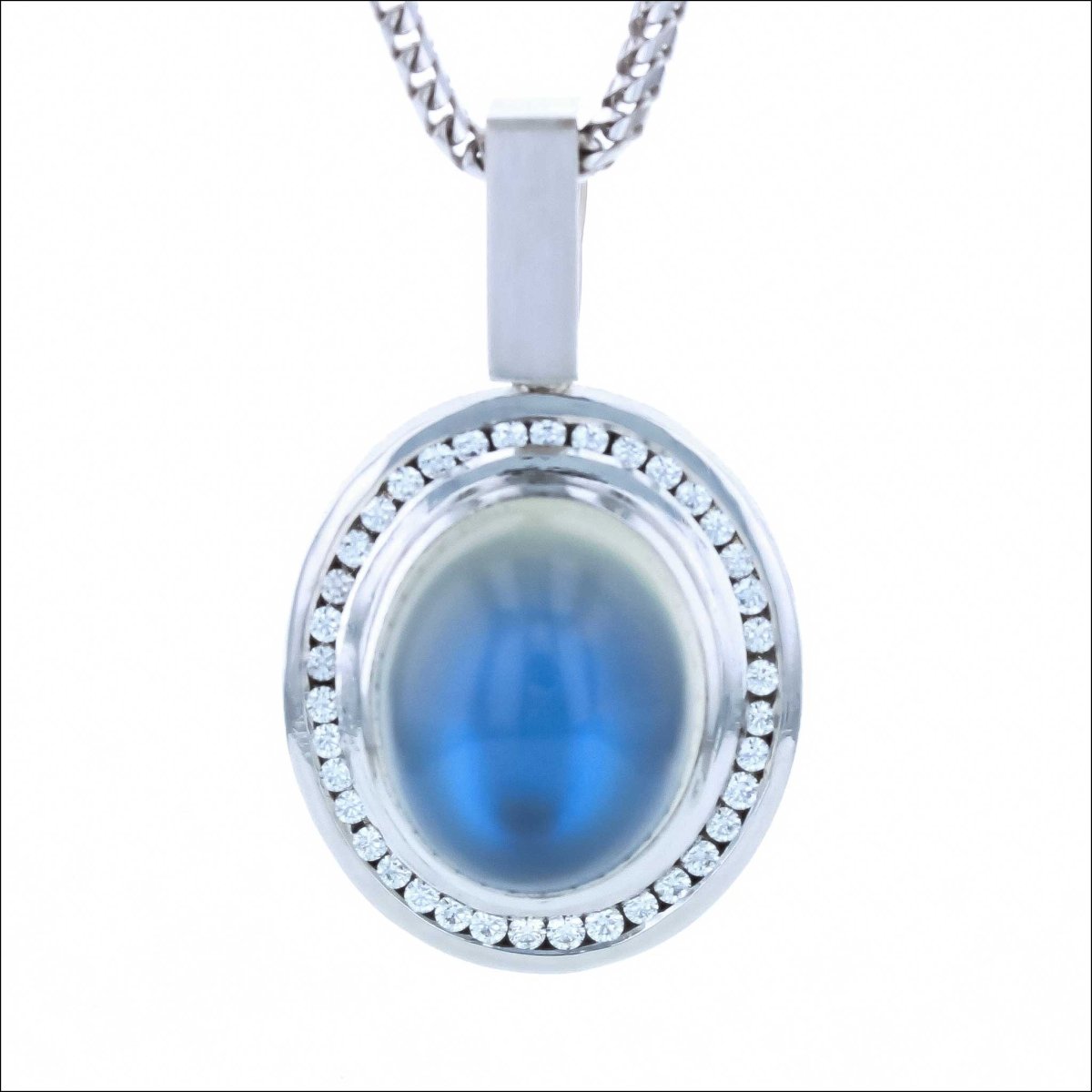 Oval Moonstone Diamond Halo Pendant Platinum (Consignment) - JewelsmithPendants