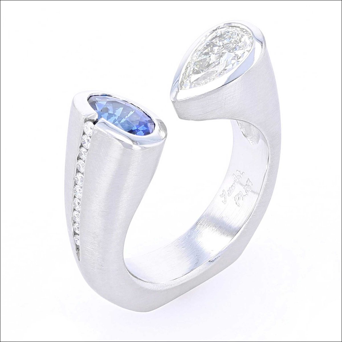 Oval Sapphire and Pear Shaped Diamond Kissing Ring Platinum - JewelsmithRings