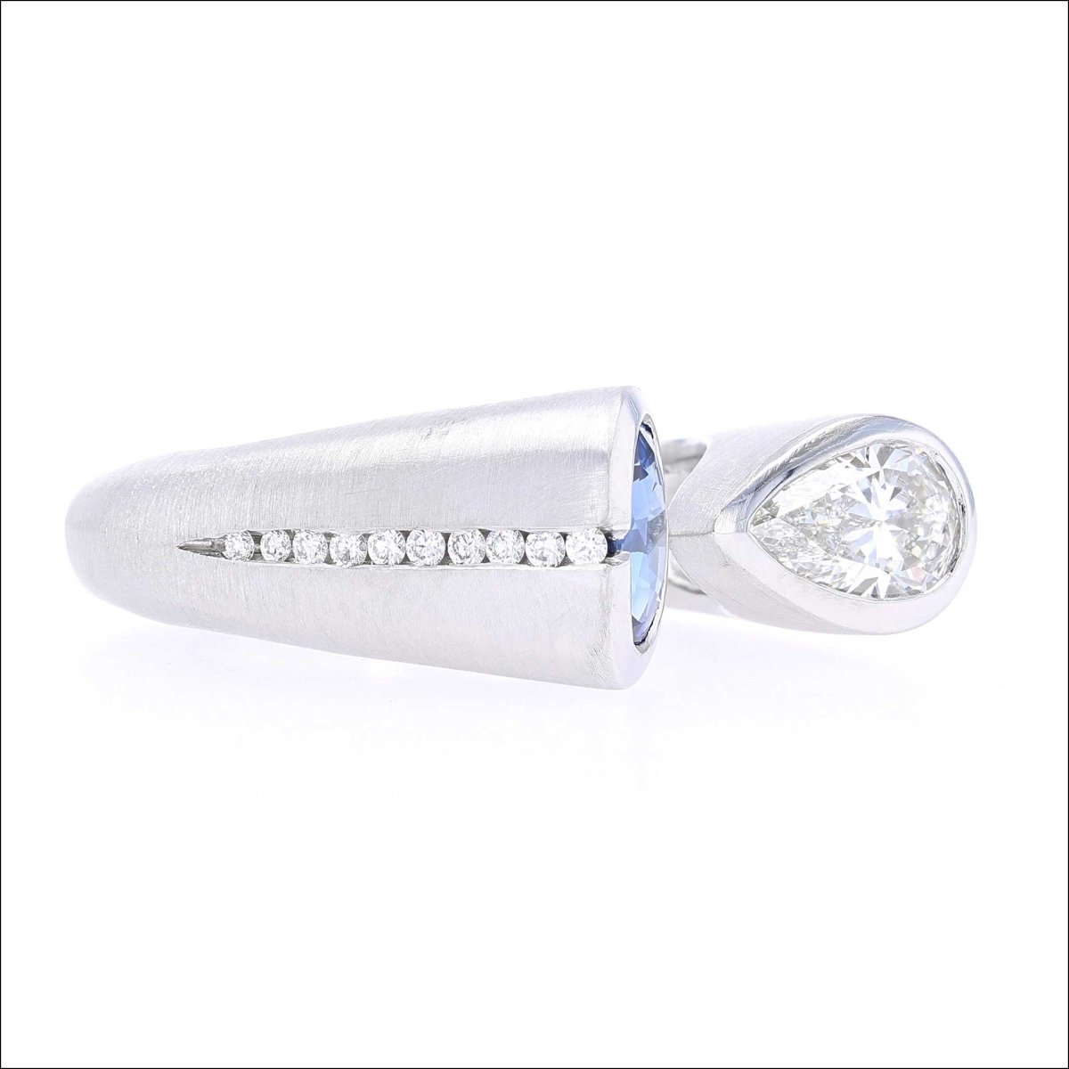 Oval Sapphire and Pear Shaped Diamond Kissing Ring Platinum - JewelsmithRings