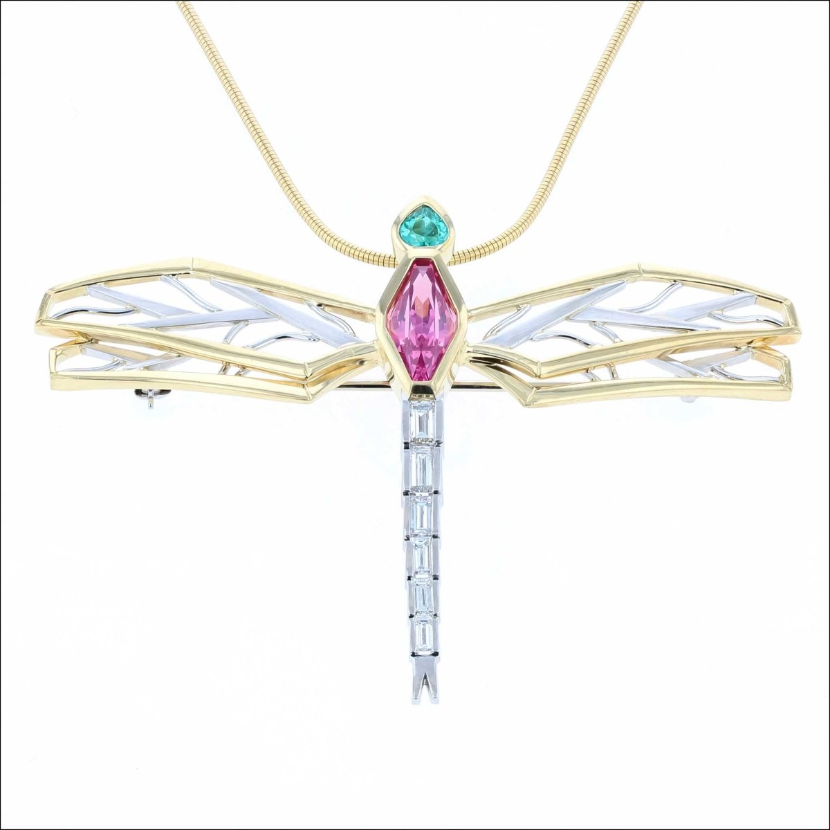 Paraiba Tourmaline Pink Spinel Baguette Diamond Pendant/Brooch Platinum 18KY (Consignment) - JewelsmithPendants