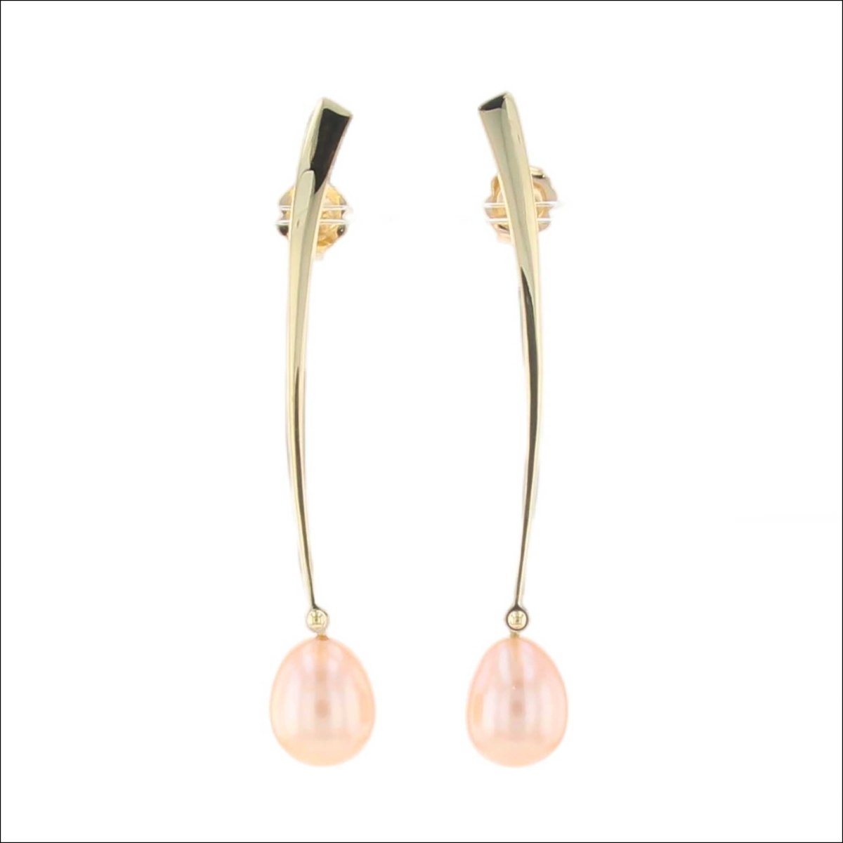Peach Drop Shaped Freshwater Pearl Forged Earrings 18KY (Consignment) - Jewelsmith - Durham NC - Handcrafted - Earrings