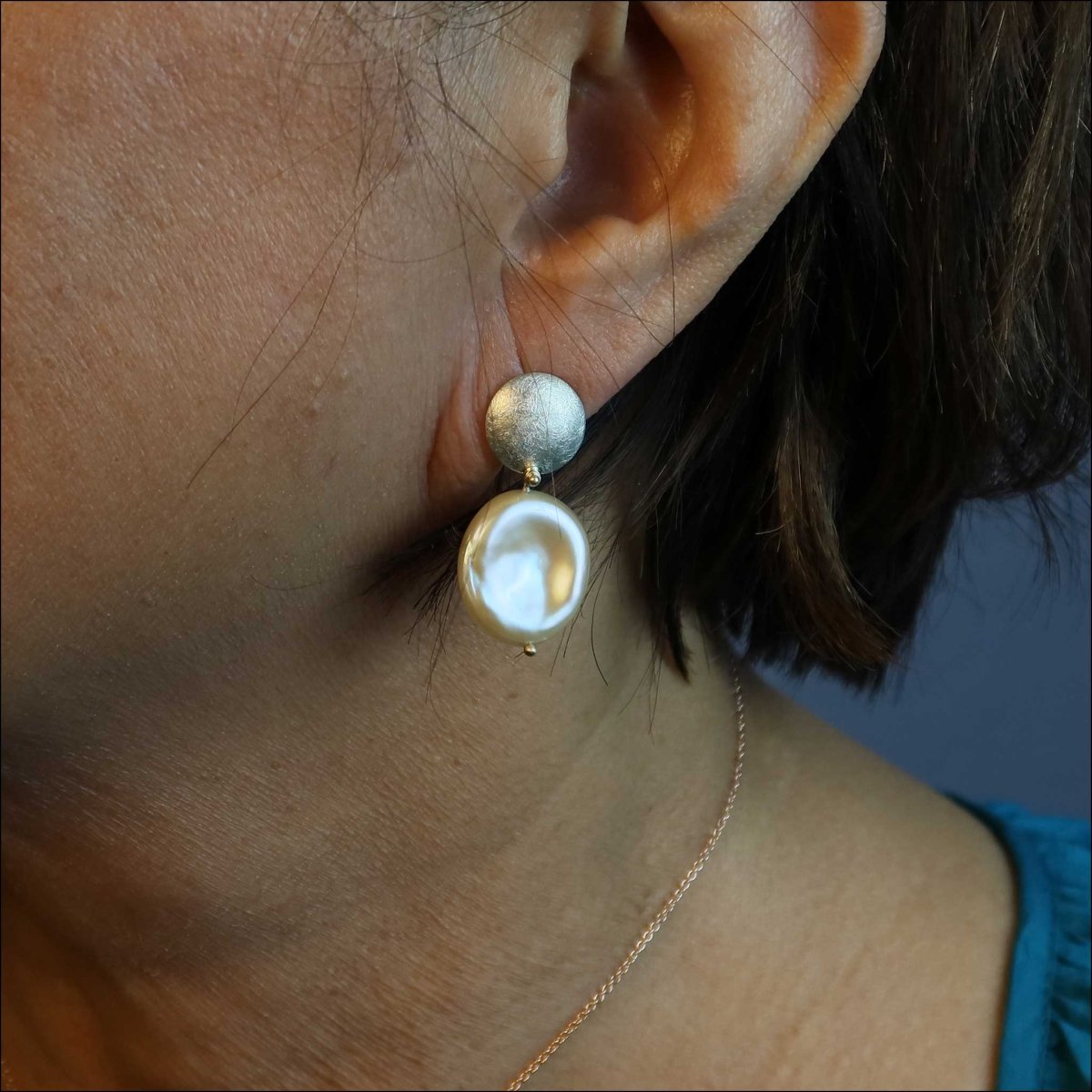 Peach Freshwater Coin Pearl Disc Earrings Sterling Silver 14K Rose 14KW 14KY - JewelsmithEarrings