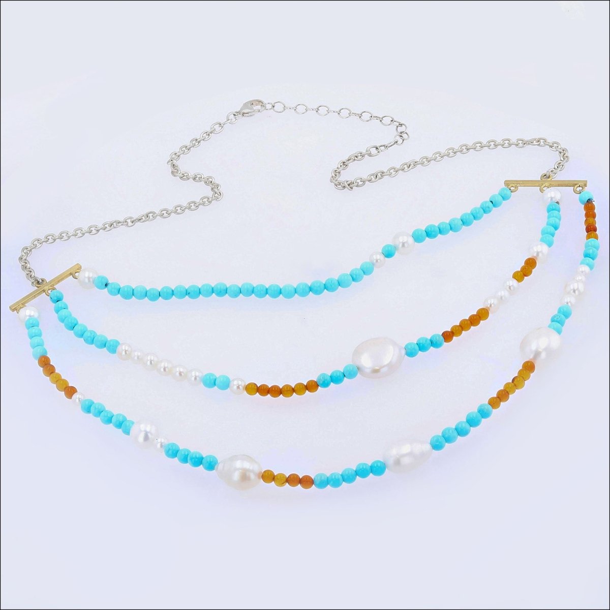 Pearl Turquoise and Amber Bead Triple Strand Necklace 18" Sterling Silver - JewelsmithNecklaces