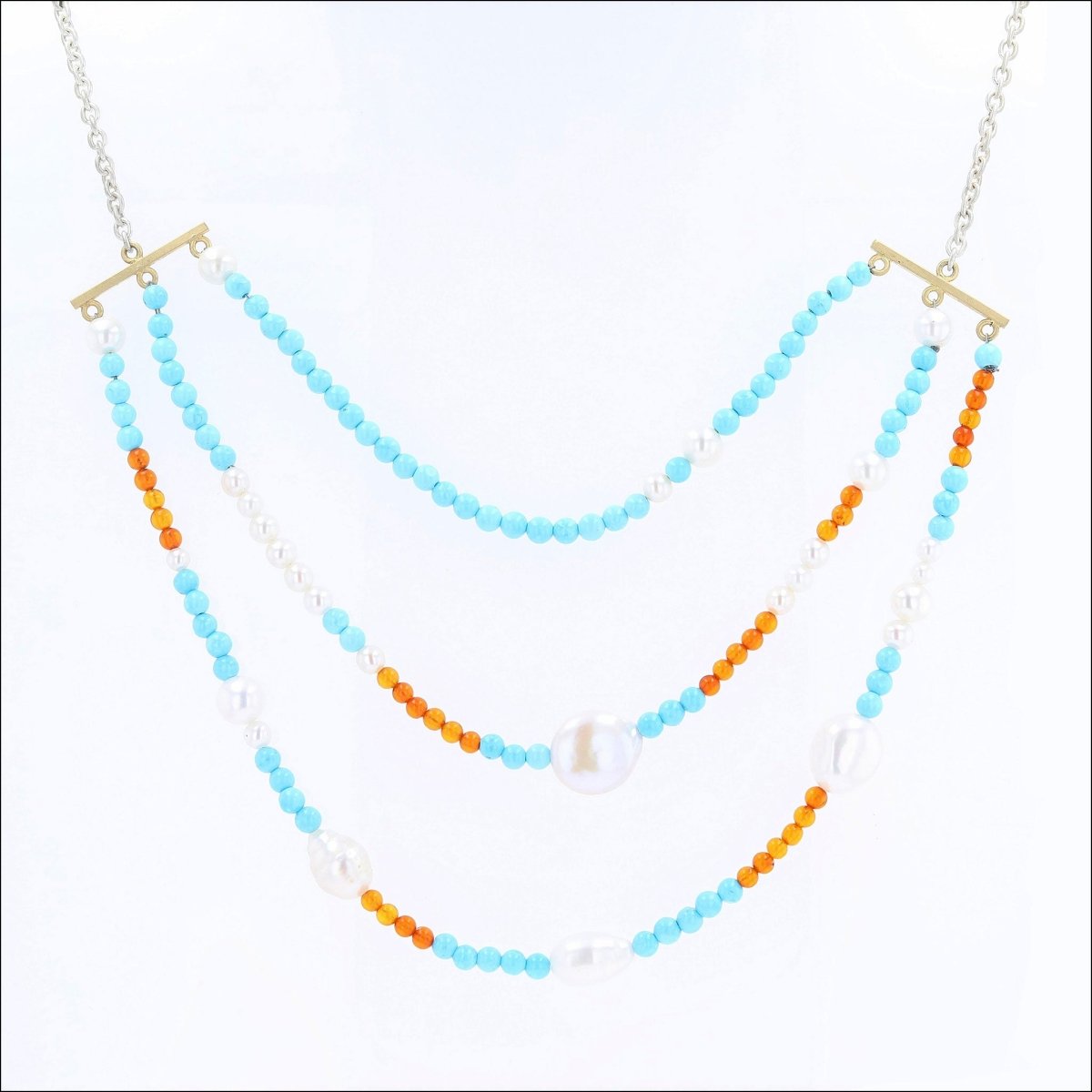 Pearl Turquoise and Amber Bead Triple Strand Necklace 18" Sterling Silver - JewelsmithNecklaces