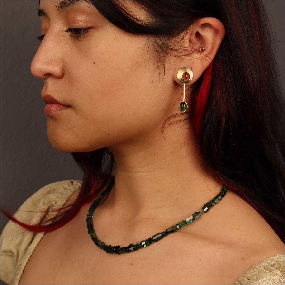 Pink and Green Tourmaline Asymmetrical Earrings 18KY (Consignment) - JewelsmithEarrings