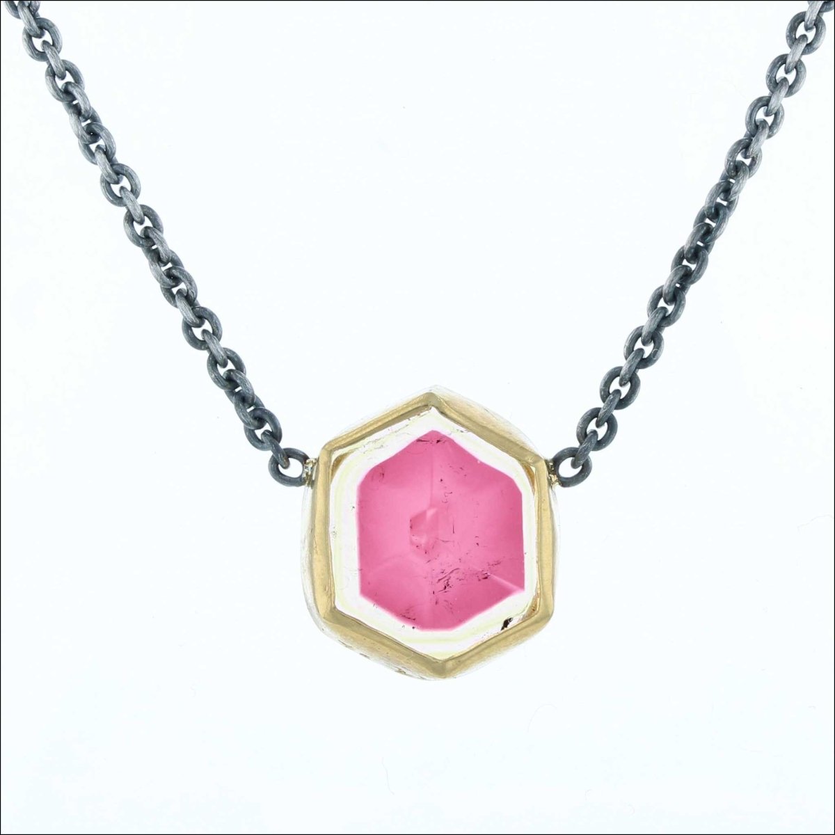 Pink and Tan Tourmaline Slice Necklace 16" Sterling Silver 22KY - Jewelsmith - Durham NC - Handcrafted - Necklaces