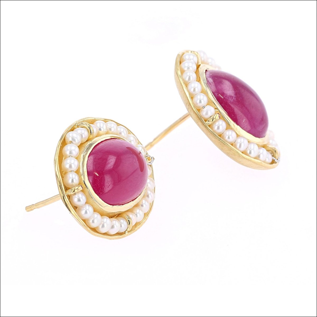 Pink Sapphire Seed Pearl Halo Stud Earrings 18KY - JewelsmithEarrings