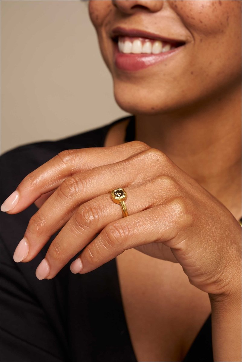 Radiant Cut Fancy Orange Brown Diamond Bezel Ring 22KY - JewelsmithRings