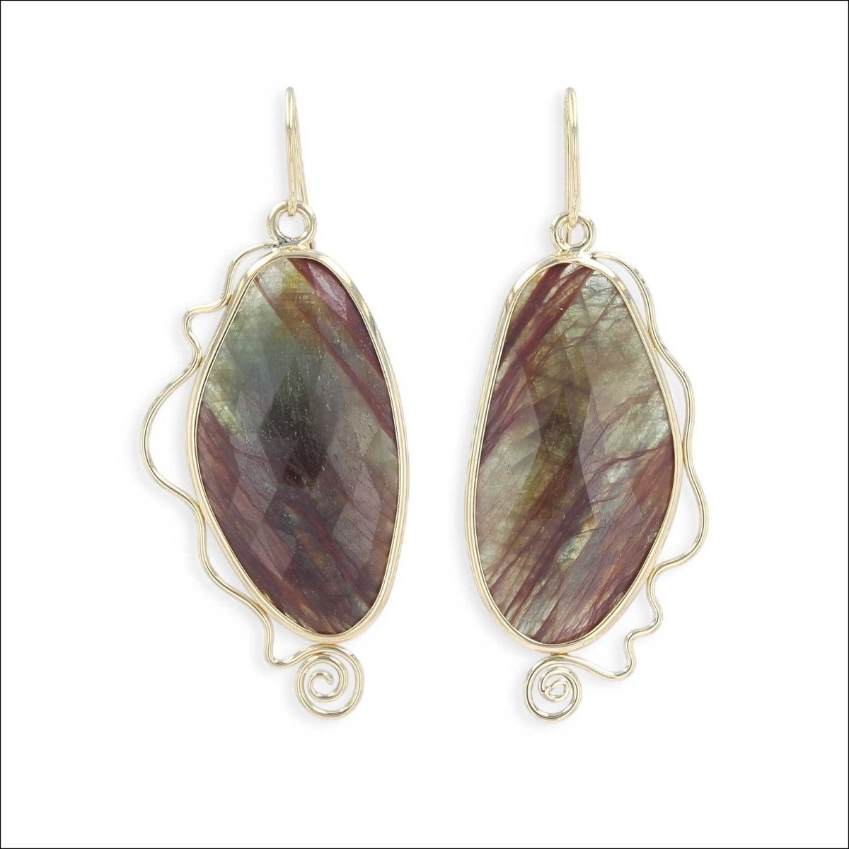 Rose Cut Brown and Green Sapphire Squiggle Dangle Earrings 18KY - Jewelsmith - Durham NC - Handcrafted - Earrings