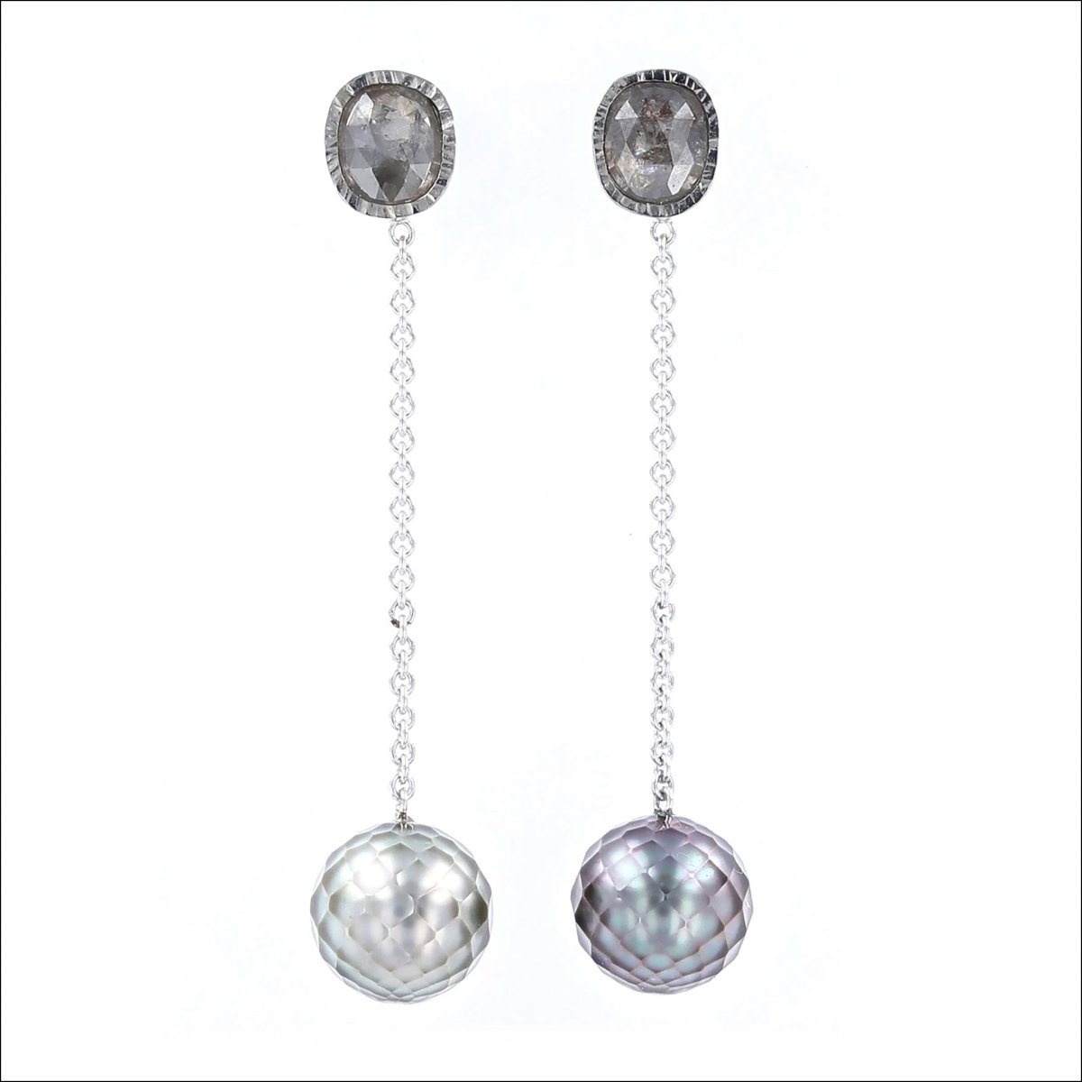 Rose Cut Gray Diamond Faceted Tahitian Pearl Earrings 14KW - JewelsmithEarrings