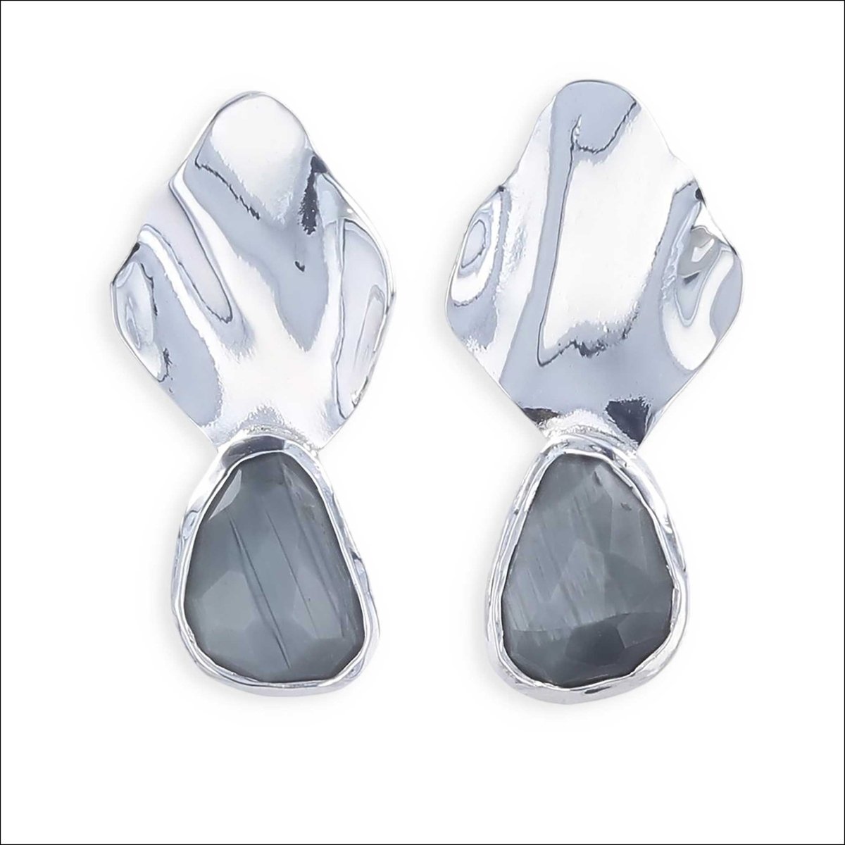 Rose Cut Gray Quartz Wavy Sheet Earrings Sterling Silver - Jewelsmith - Durham NC - Handcrafted - Earrings