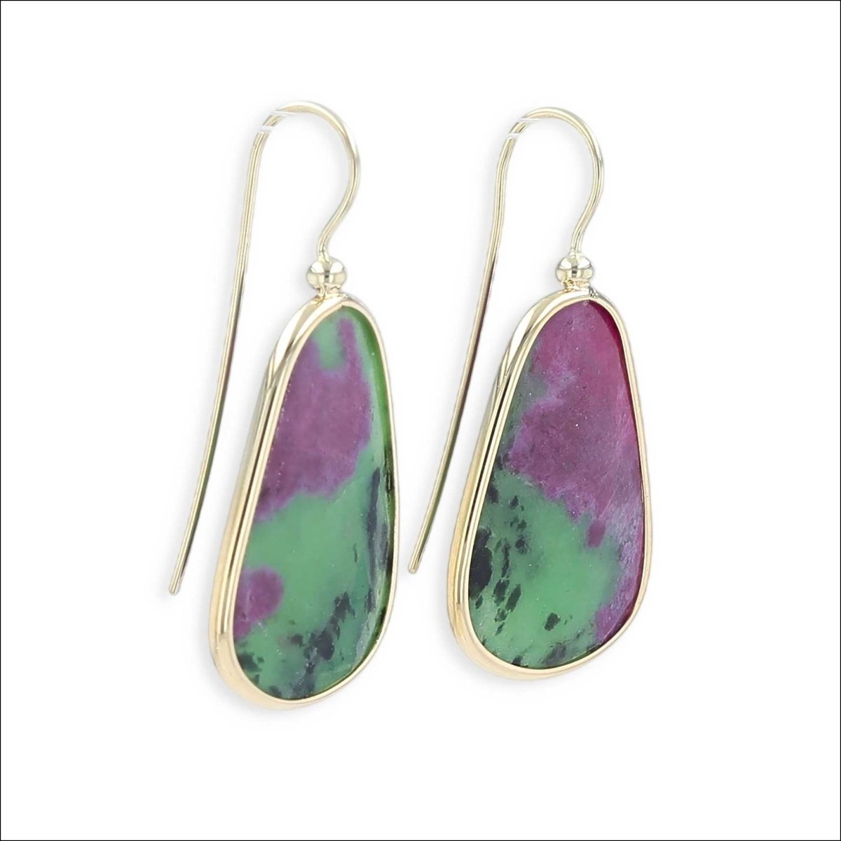 Rose Cut Pink Green and Black Ruby in Zoisite Dangle Earrings 18KY - Jewelsmith - Durham NC - Handcrafted - Earrings