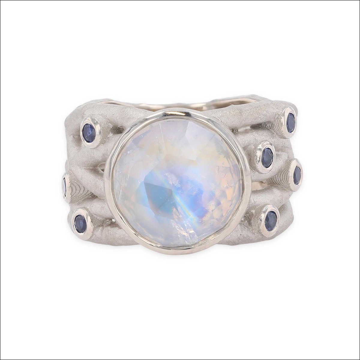 Rose Cut Rainbow Moonstone and Sapphire Bamboo Ring 14KW - Jewelsmith - Durham NC - Handcrafted - Rings