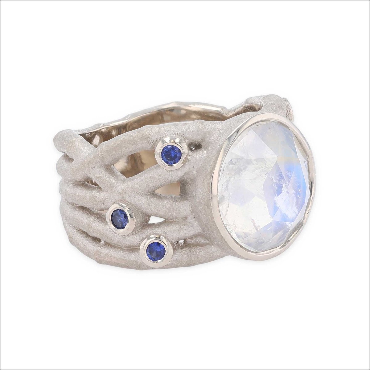 Rose Cut Rainbow Moonstone and Sapphire Bamboo Ring 14KW - Jewelsmith - Durham NC - Handcrafted - Rings