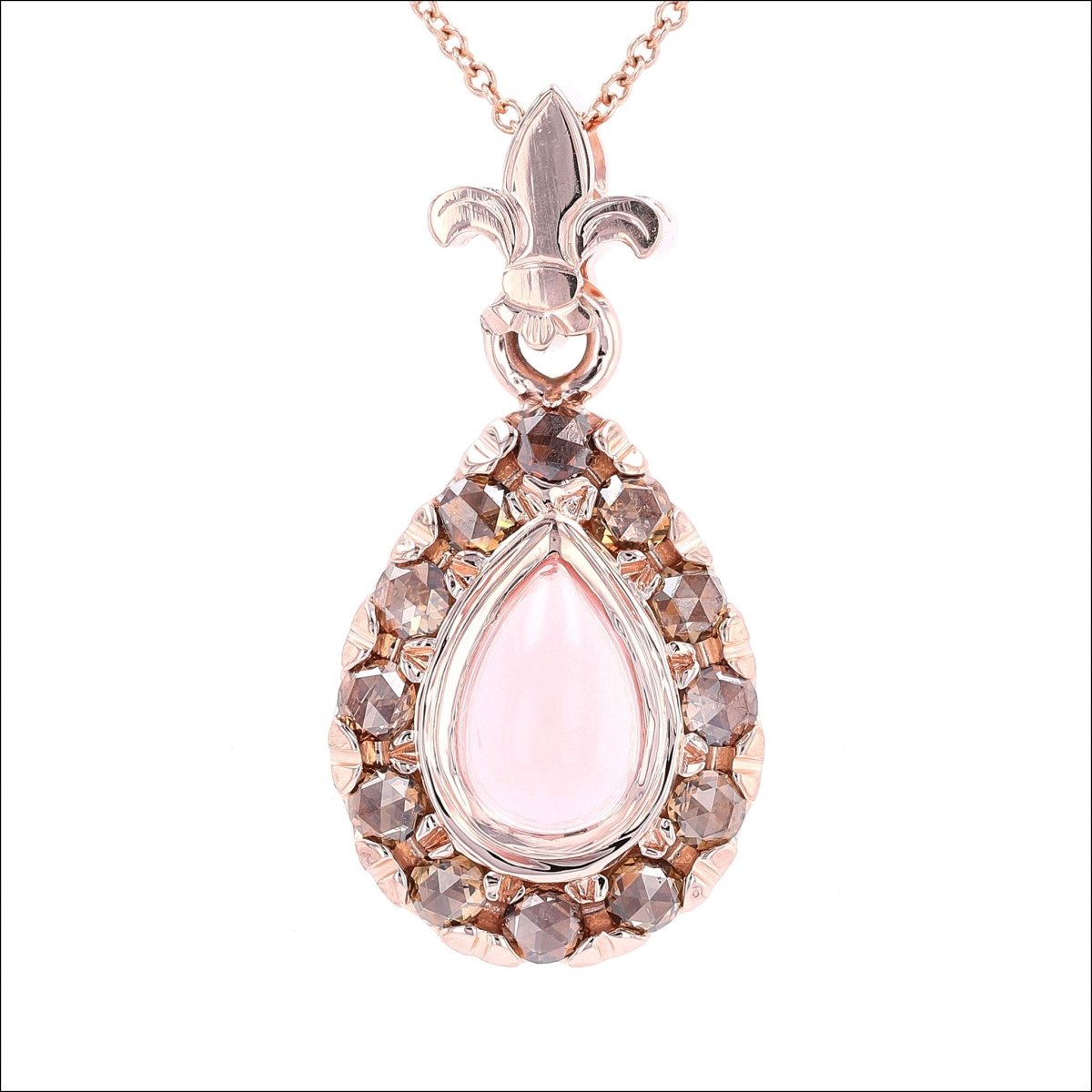 Rose Quartz Cognac Diamond Halo Fleur - de - Lis Pendant 14K Rose - JewelsmithPendants