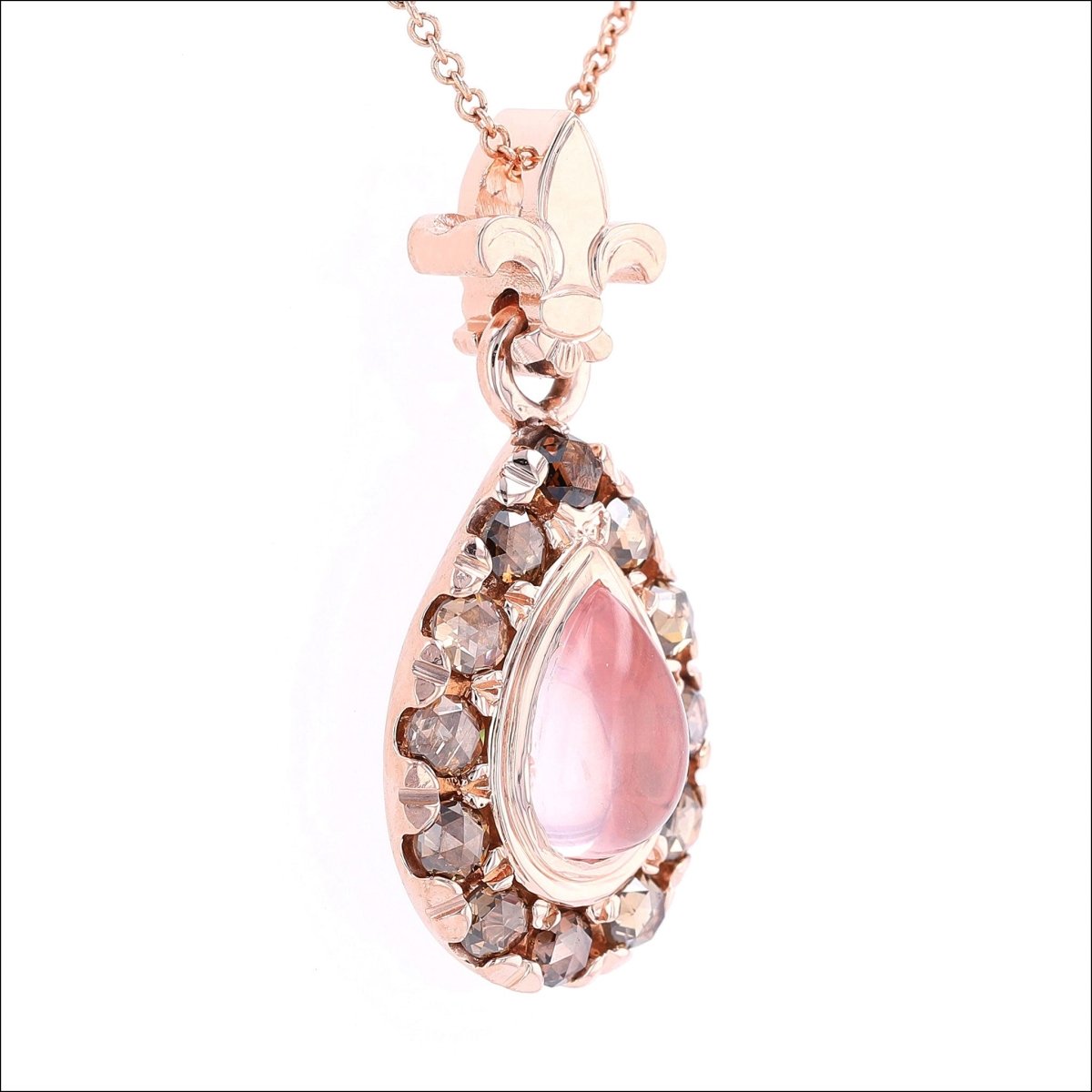 Rose Quartz Cognac Diamond Halo Fleur - de - Lis Pendant 14K Rose - JewelsmithPendants