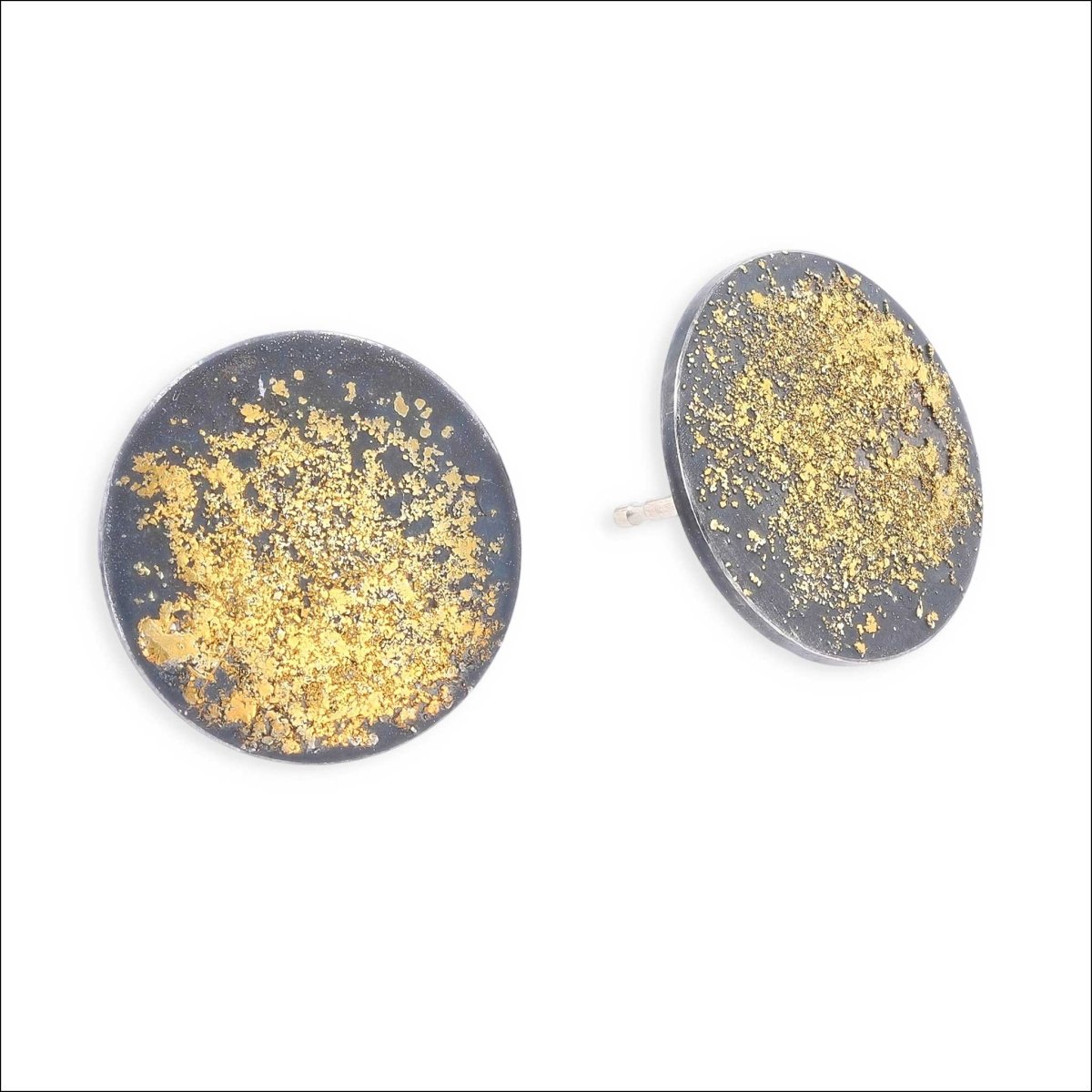 Round Gold Dust Stud Earrings 24KY Oxidized Sterling Silver - JewelsmithEarrings