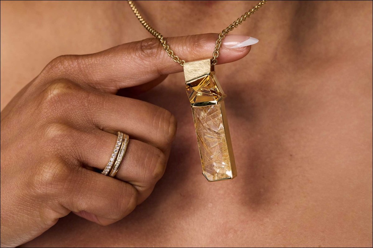Rutilated Quartz and Golden Beryl Pendant 18KY - Jewelsmith - Durham NC - Handcrafted - Pendants