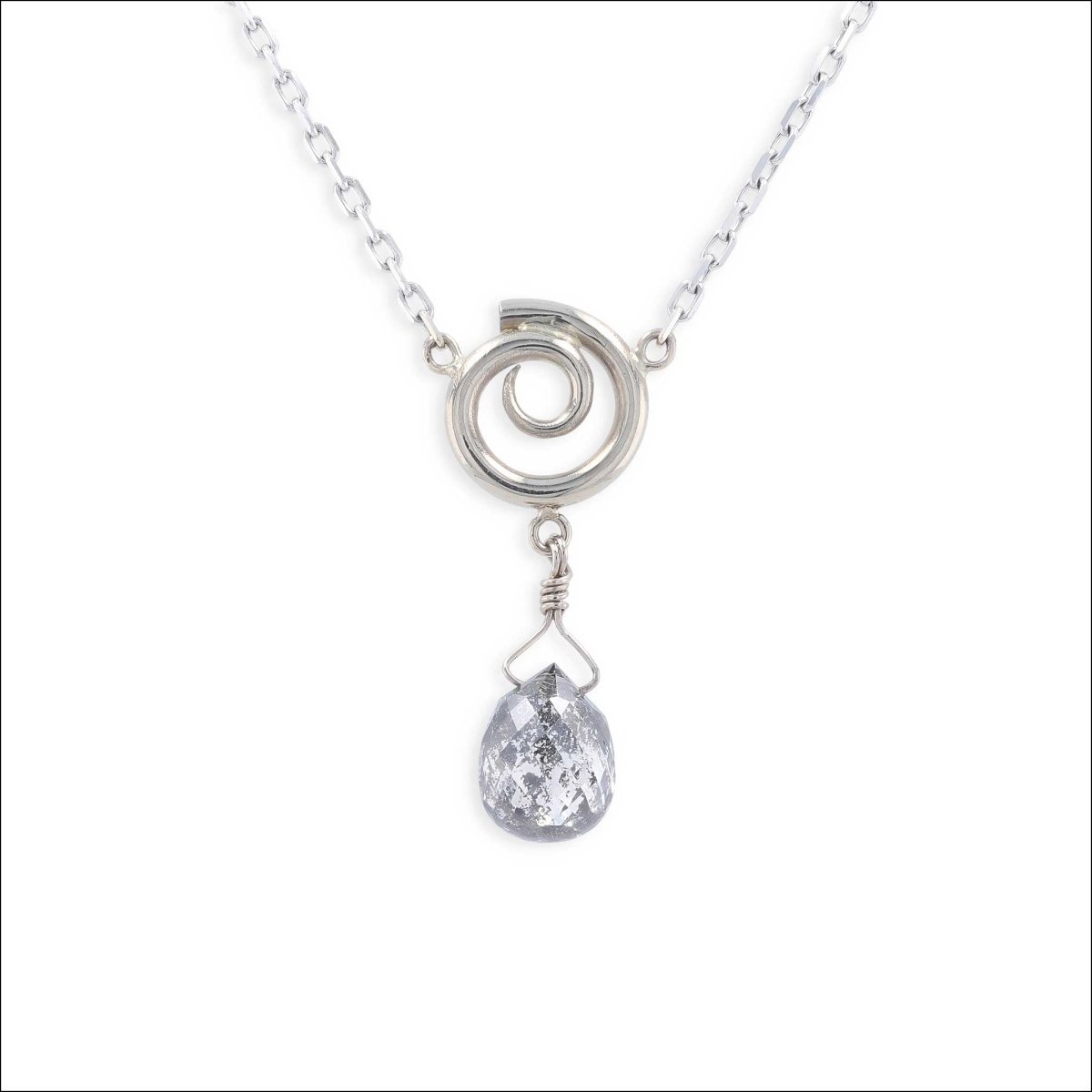 Salt and Pepper Diamond Briolette Spiral Y Necklace 14KW on Cable Chain 17" - Jewelsmith - Durham NC - Handcrafted - Necklaces