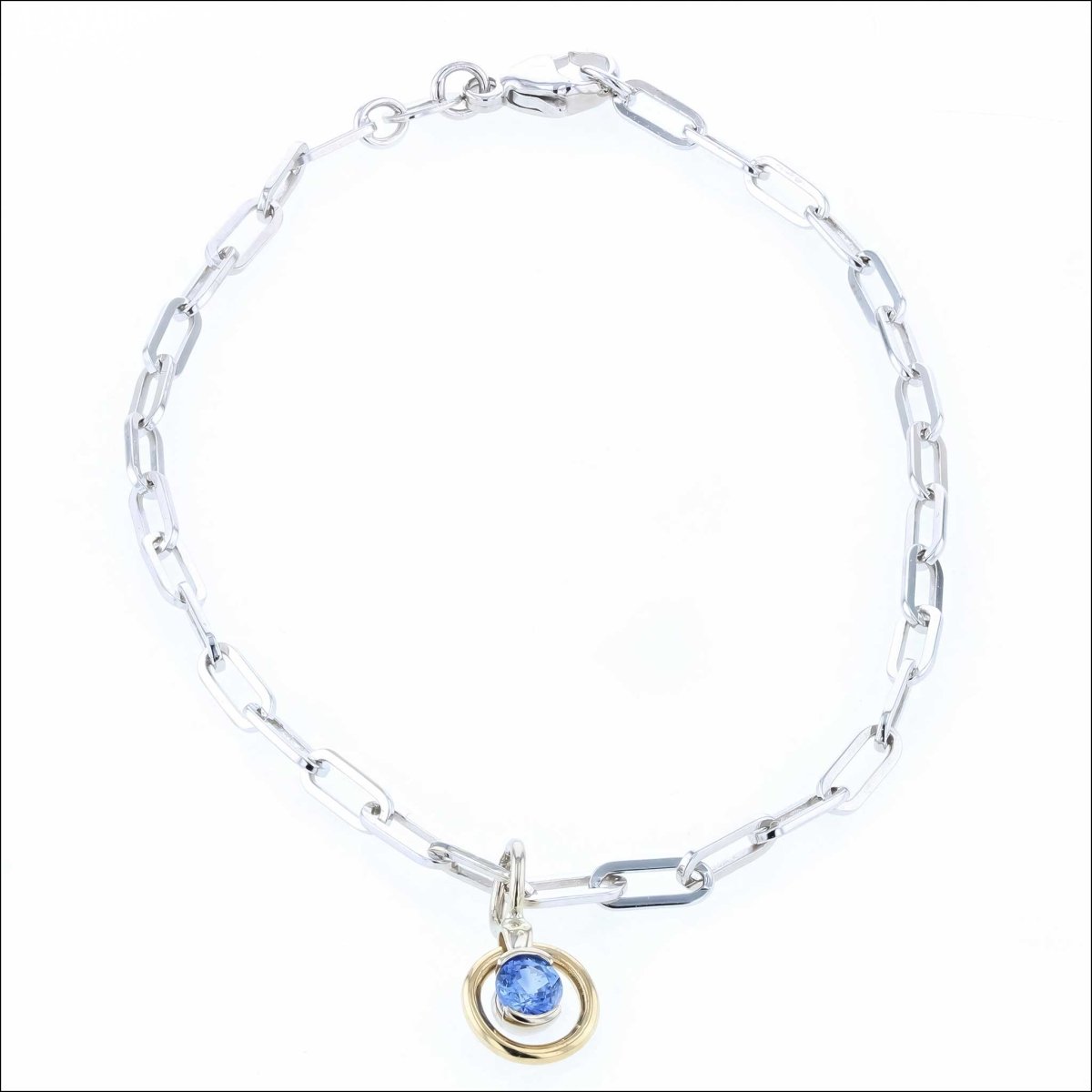 Sapphire Circle Dangle on Paperclip Chain Bracelet 18KY 14KW 7" - JewelsmithBracelets