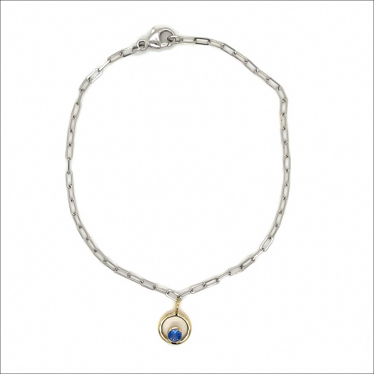 Sapphire Circle Dangle on Paperclip Chain Bracelet 18KY Platinum 7" - JewelsmithBracelets