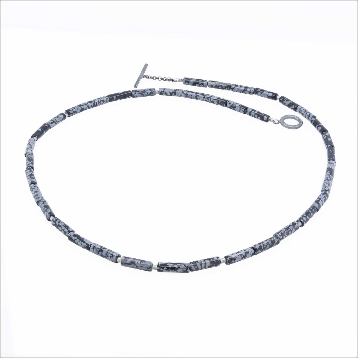 Snowflake Obsidian Tube Bead Strand Necklace Sterling Silver 22" - JewelsmithNecklaces