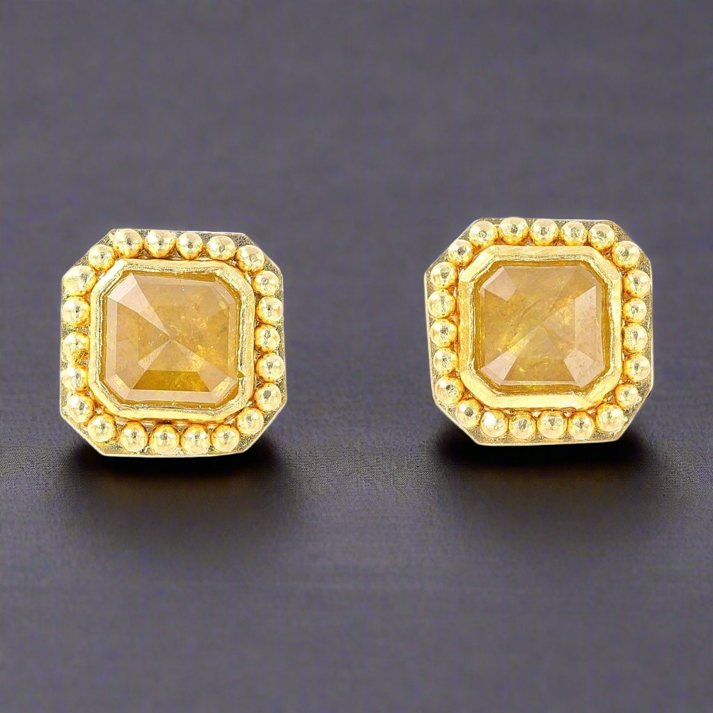 Square Rose Cut Yellow Diamond Granulated Stud Earrings 18KY 22KY - JewelsmithEarrings