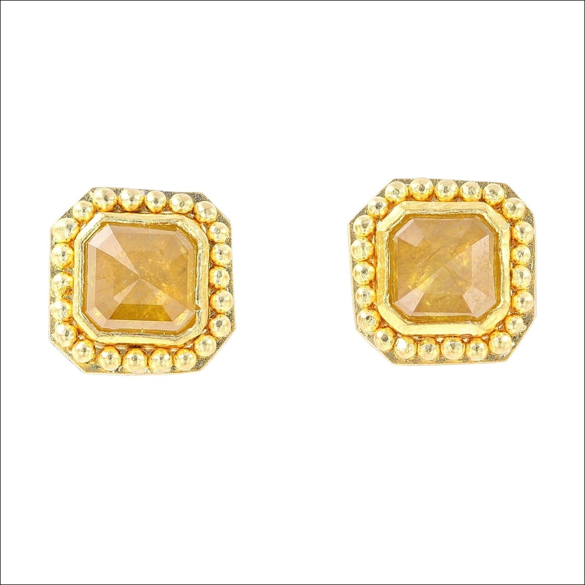 Square Rose Cut Yellow Diamond Granulated Stud Earrings 18KY 22KY - JewelsmithEarrings