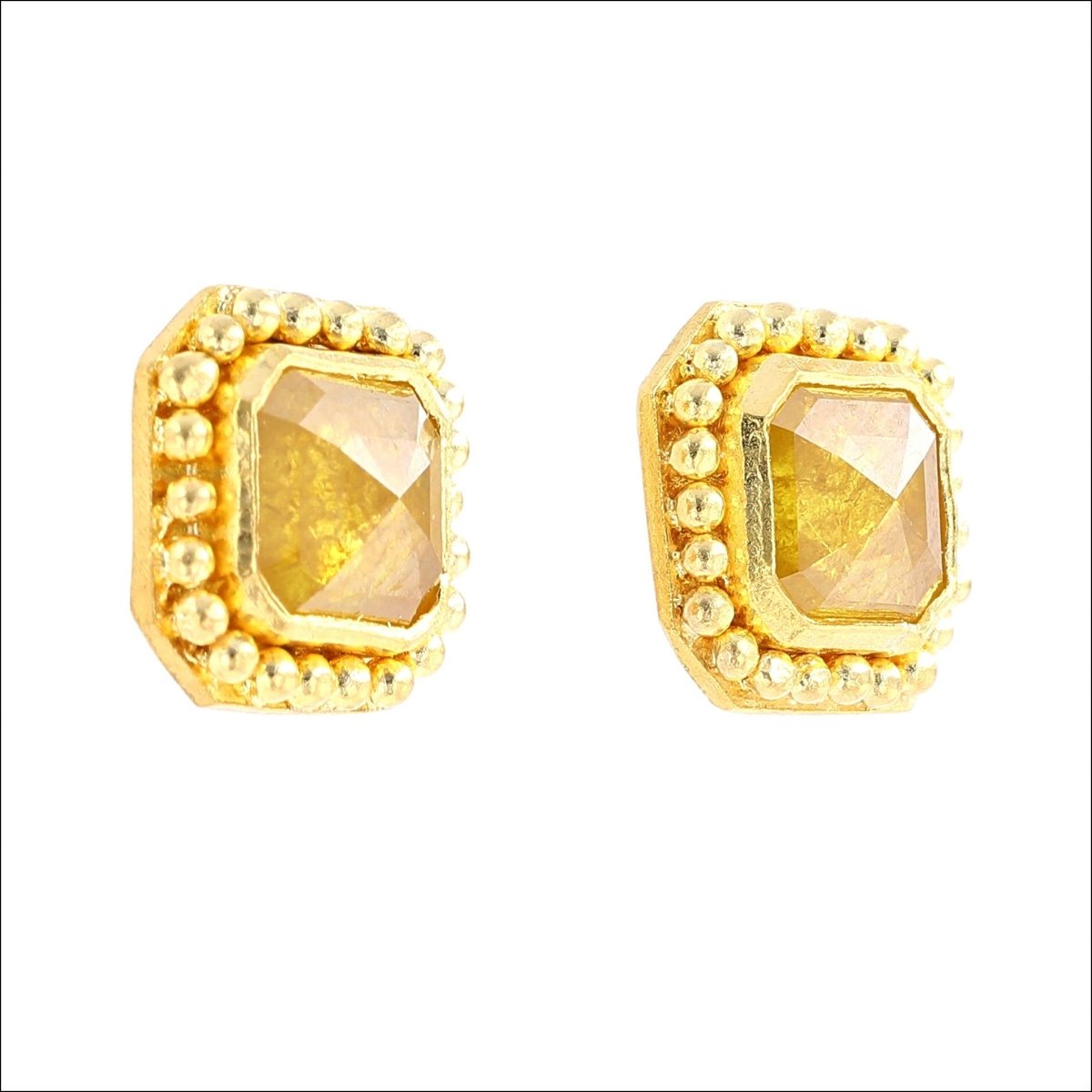 Square Rose Cut Yellow Diamond Granulated Stud Earrings 18KY 22KY - JewelsmithEarrings