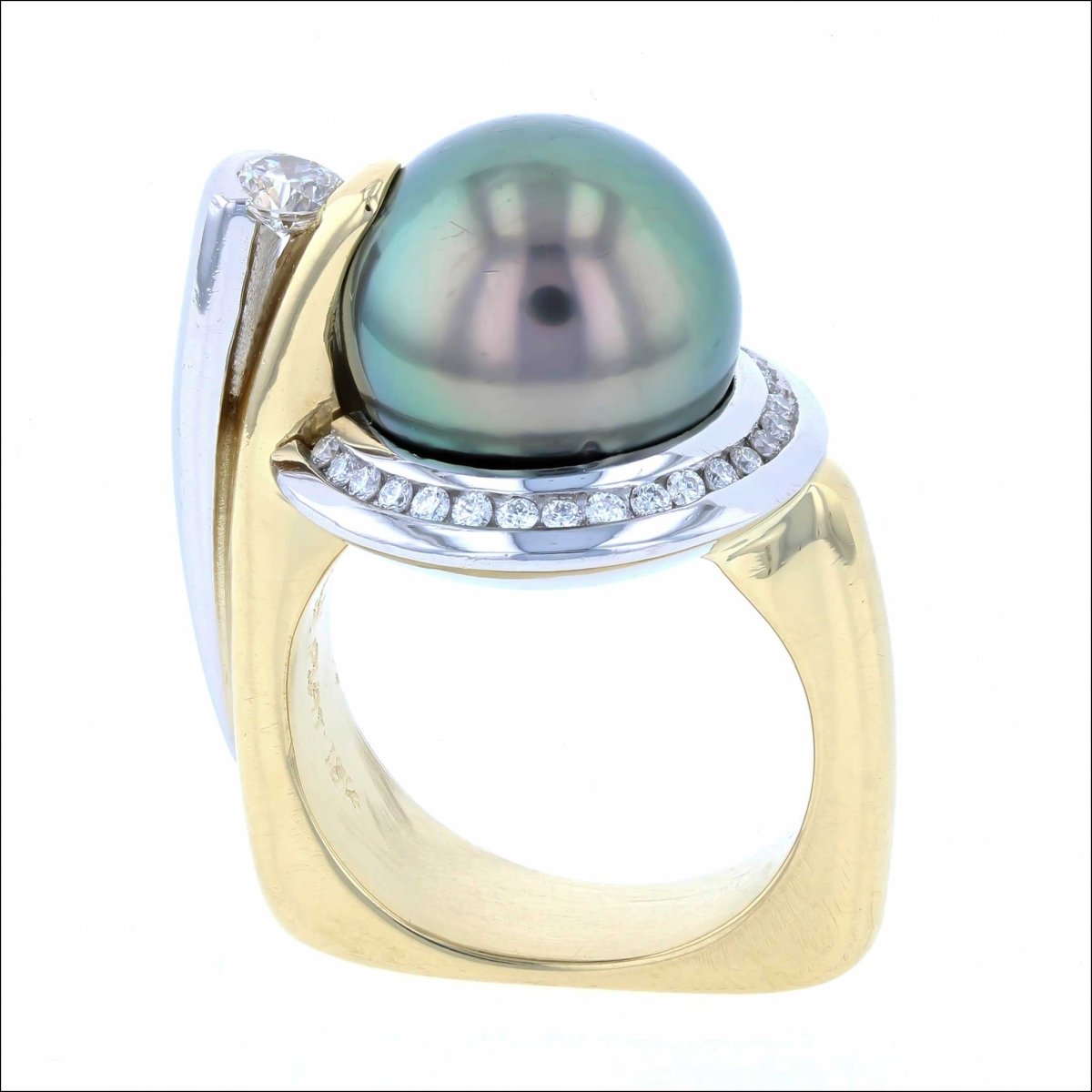 Tahitian Pearl Diamond Halo Ring 18KY Platinum (Consignment) - JewelsmithRings