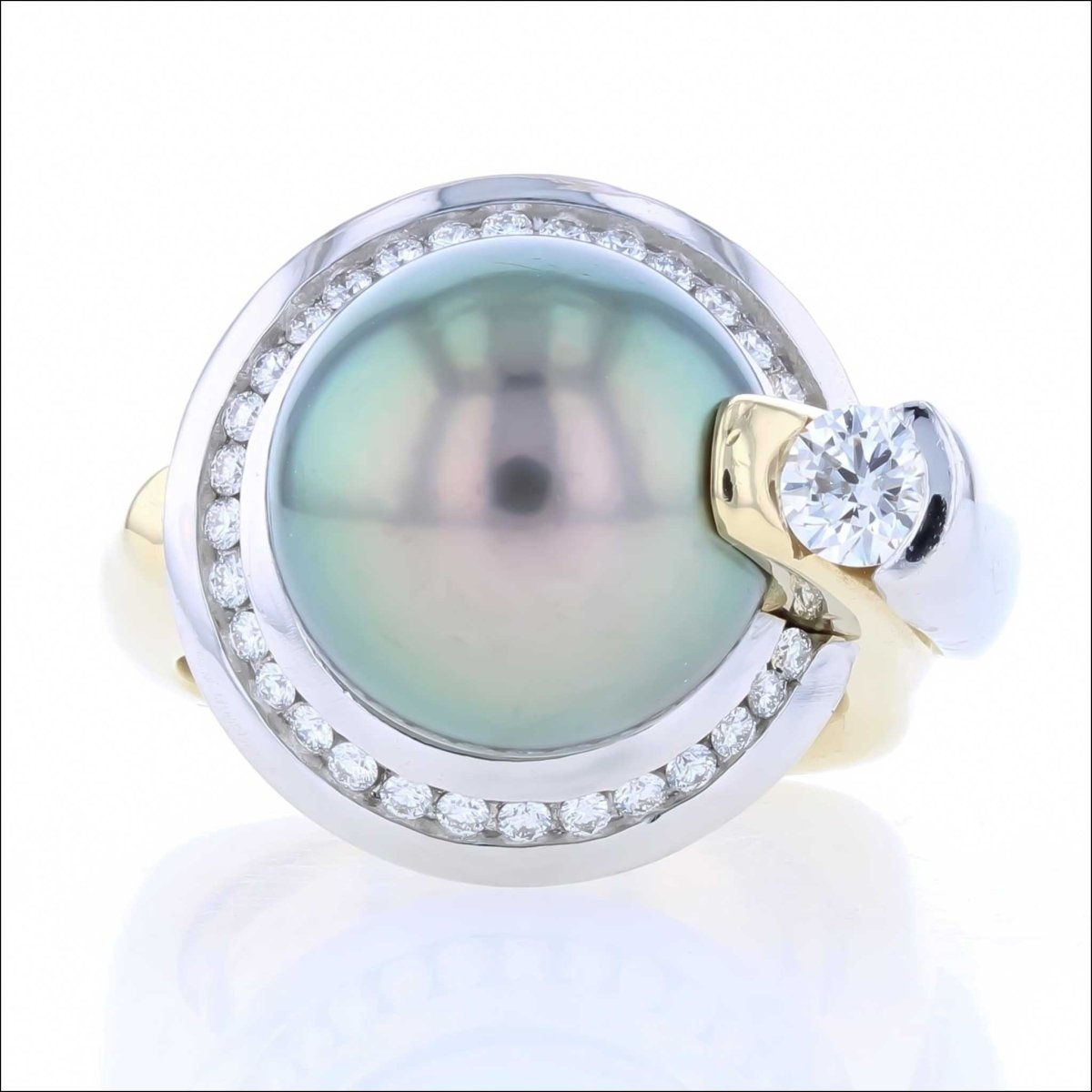 Tahitian Pearl Diamond Halo Ring 18KY Platinum (Consignment) - JewelsmithRings