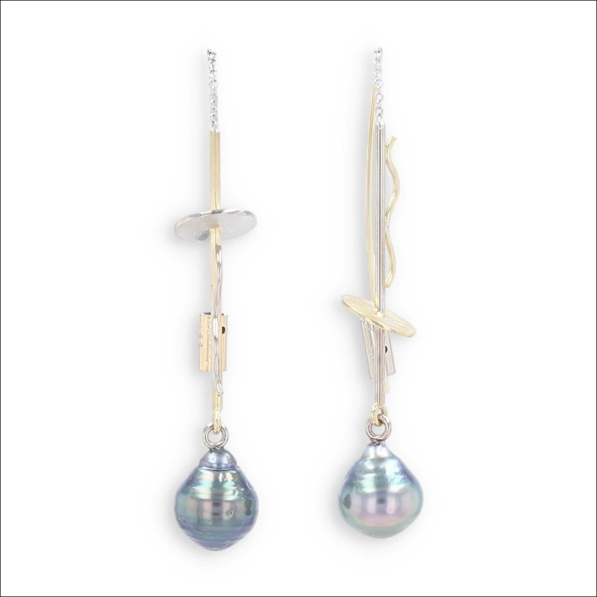 Tahitian Pearl Disc and Squiggle Threader Earrings 14KW 18KY - JewelsmithEarrings