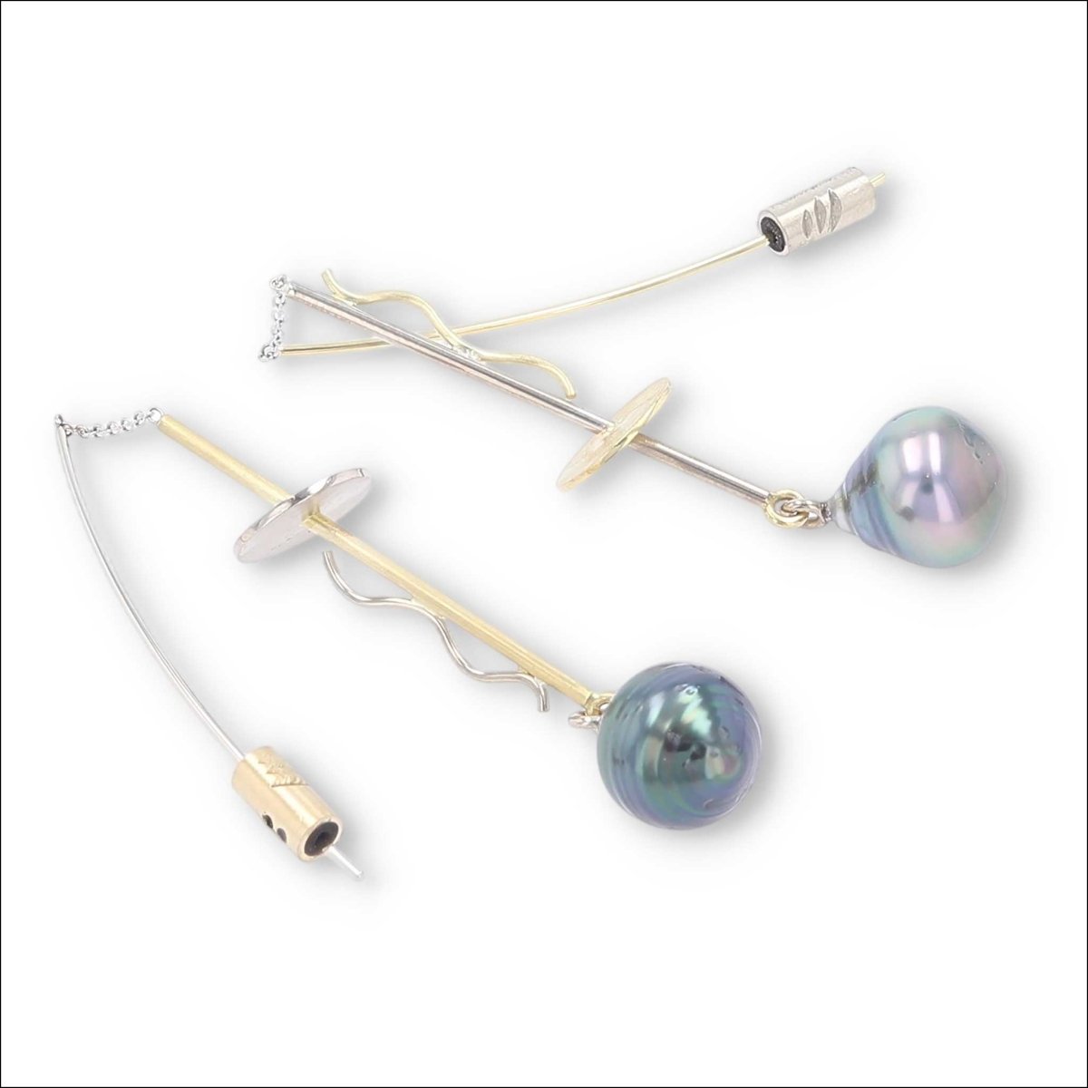 Tahitian Pearl Disc and Squiggle Threader Earrings 14KW 18KY - JewelsmithEarrings