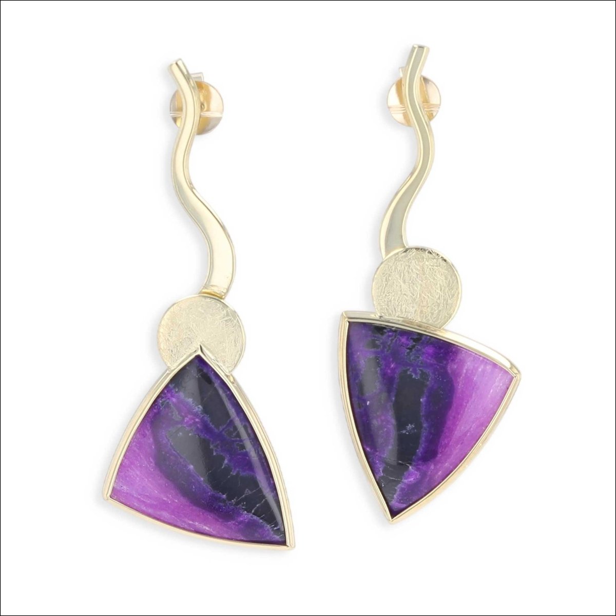 Triangular Sugilite Wavy Bar and Disc Dangle Earrings 18KY - Jewelsmith - Durham NC - Handcrafted - Earrings