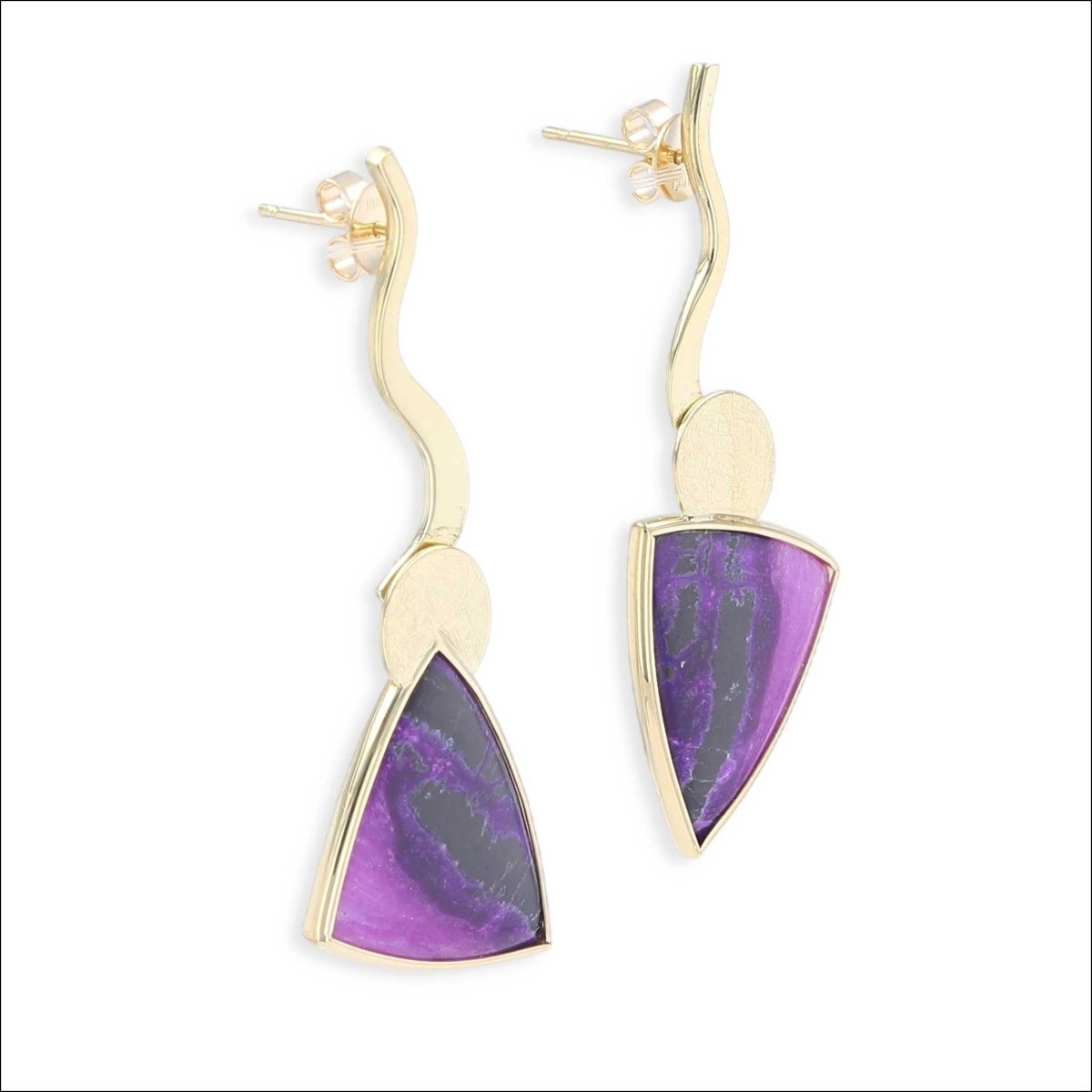 Triangular Sugilite Wavy Bar and Disc Dangle Earrings 18KY - Jewelsmith - Durham NC - Handcrafted - Earrings
