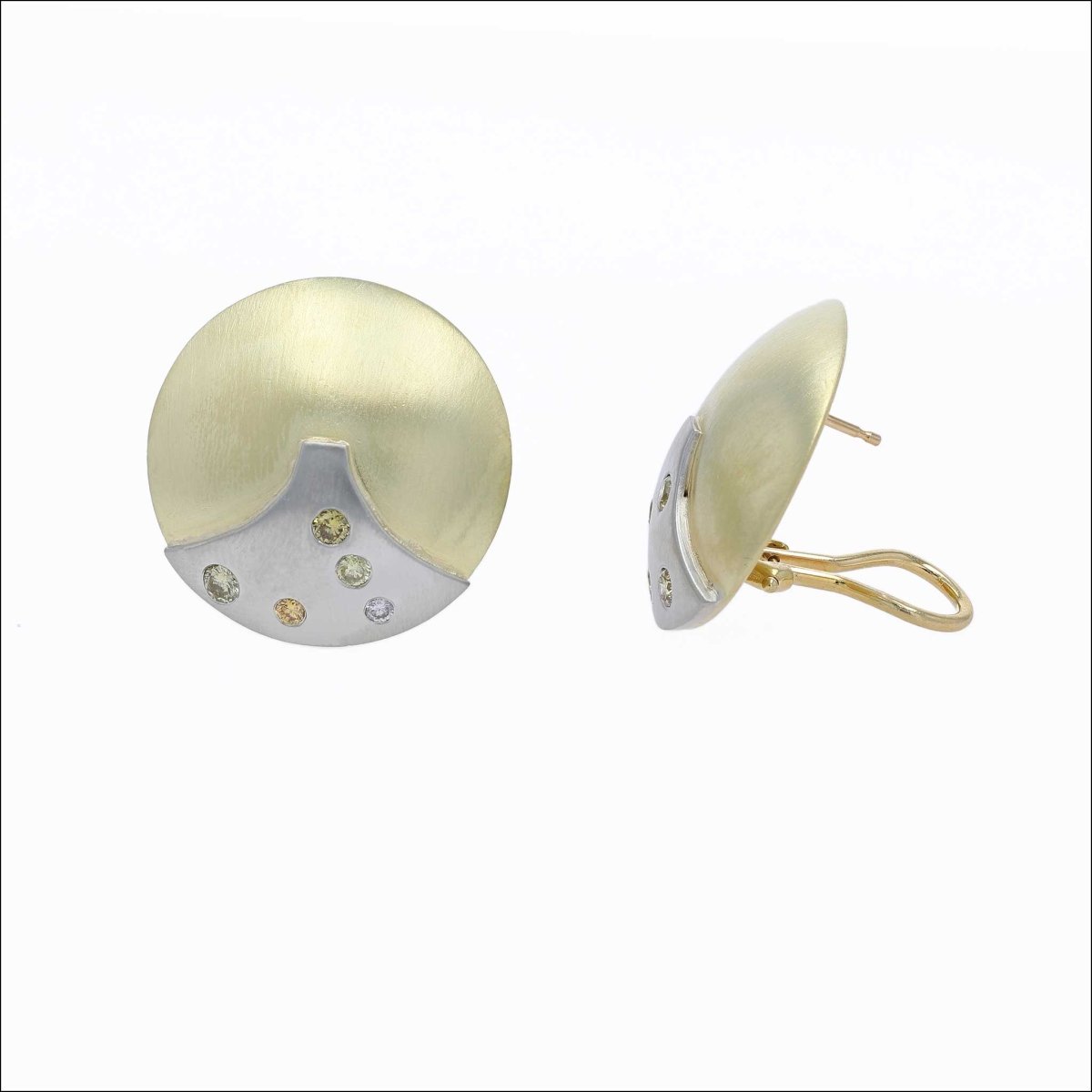 Two - Tone Domed Diamond Disc Earrings 18KY 18KW (Consignment) - JewelsmithEarrings