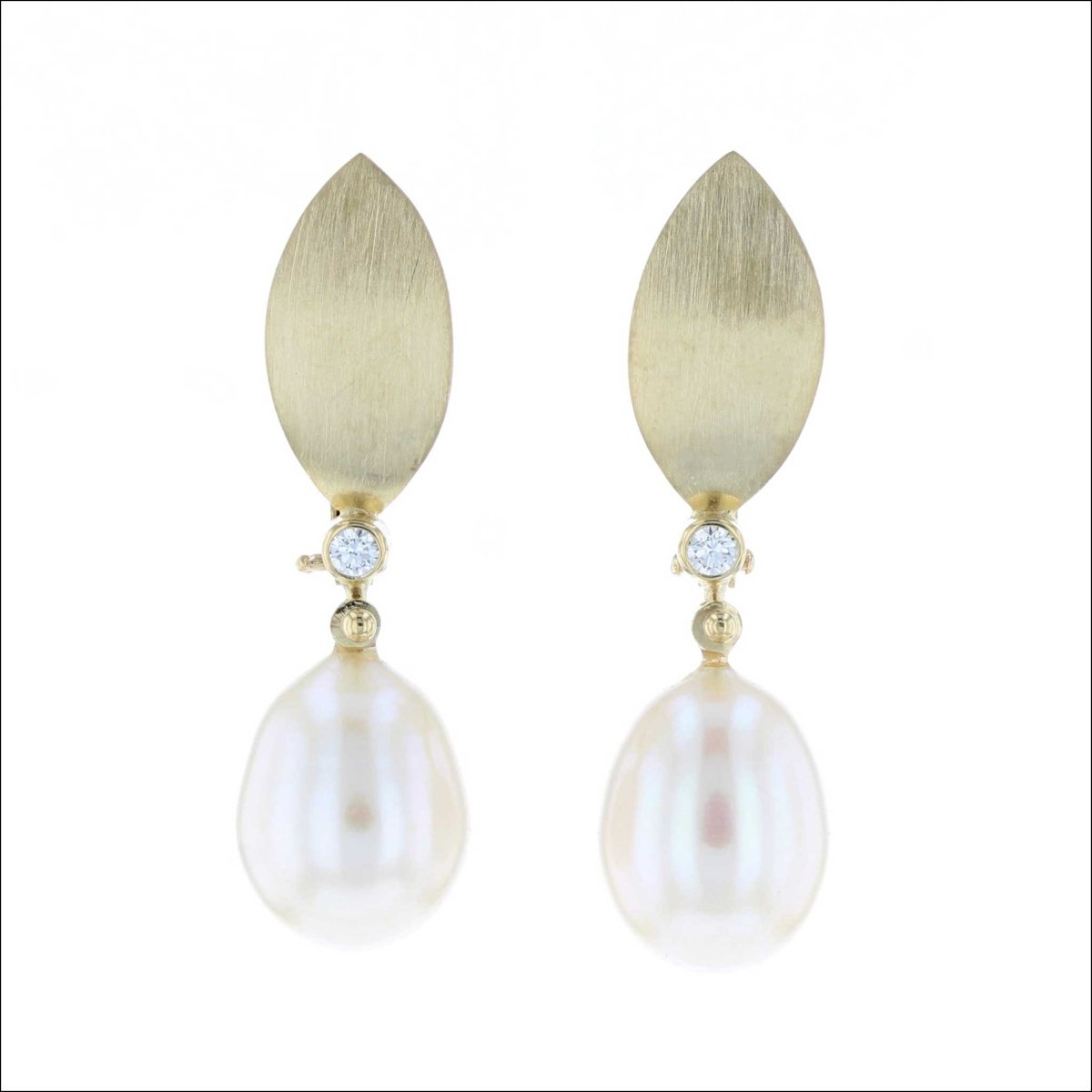 White Freshwater Pearl and Diamond Lever Back Earrings 18KY (Consignment) - Jewelsmith - Durham NC - Handcrafted - Earrings