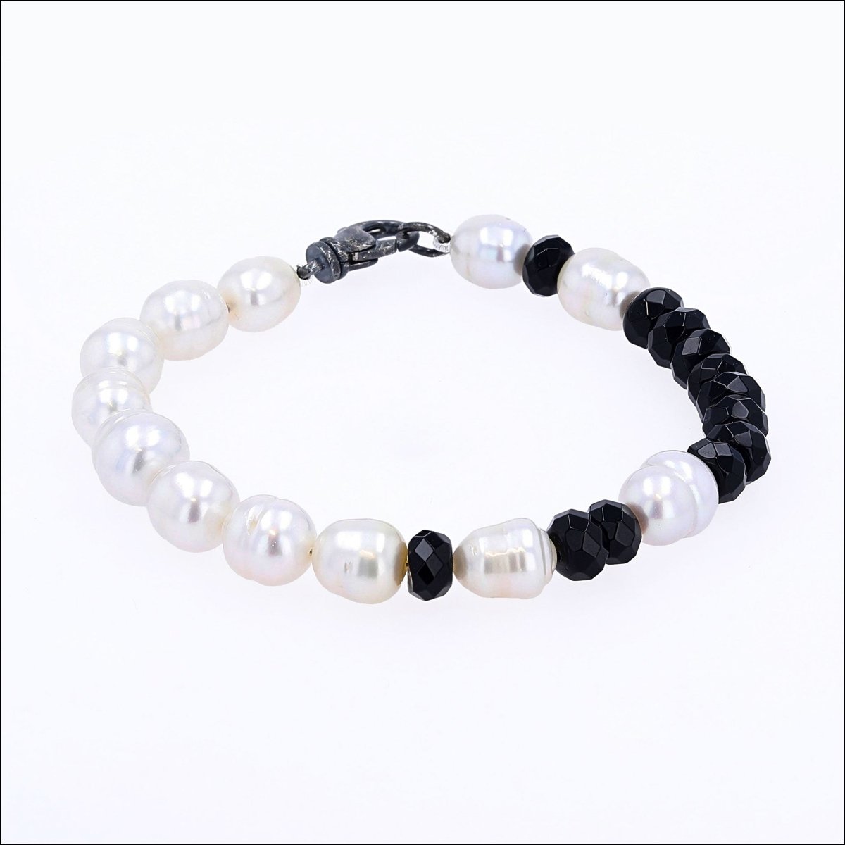 White South Sea Pearl Black Onyx Bracelet Sterling Silver 9" - JewelsmithBracelets