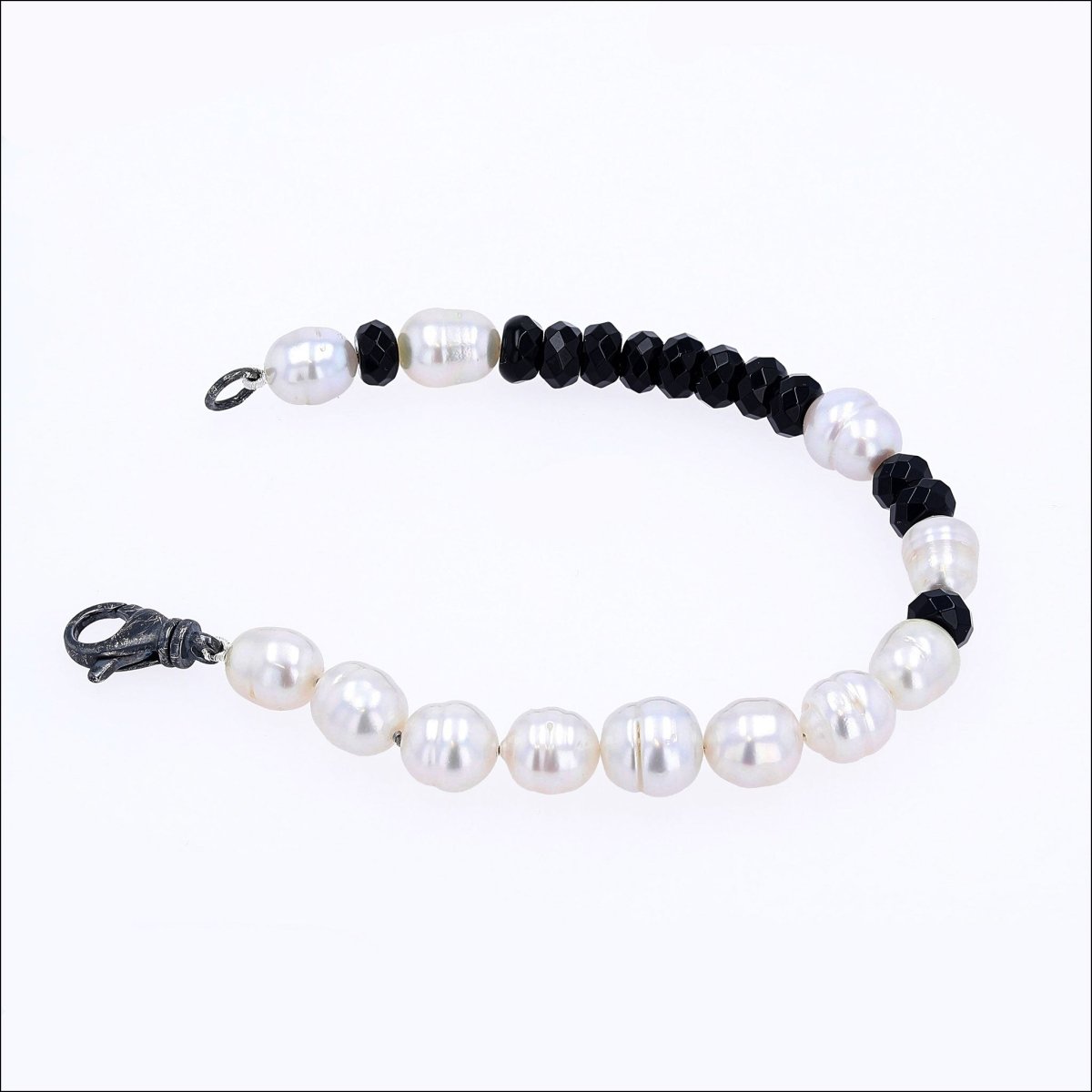 White South Sea Pearl Black Onyx Bracelet Sterling Silver 9" - JewelsmithBracelets